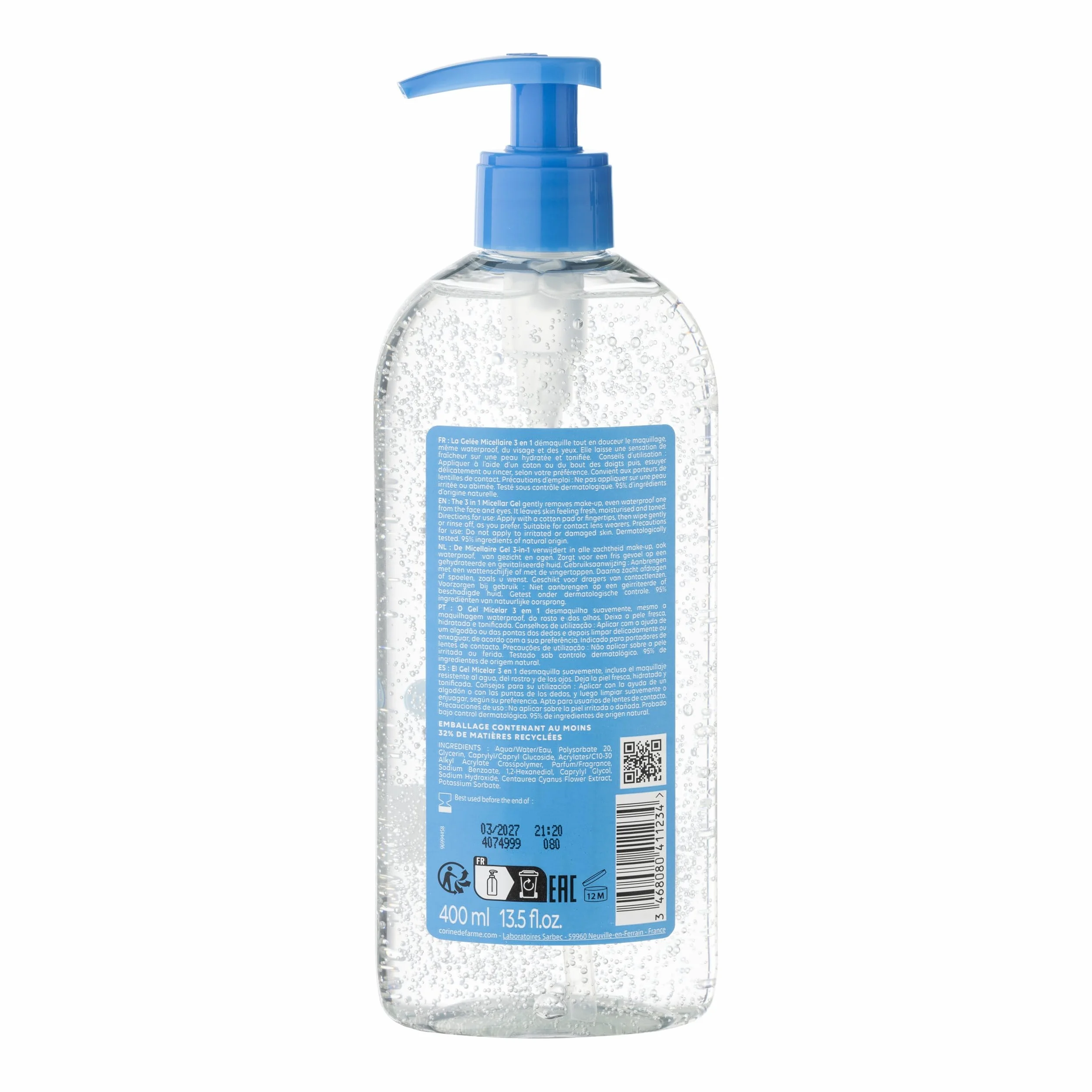 Corine de Farme - Galaretka micelarna 3 w 1 do demakijażu twarzy, oczu i ust - Nawilża i łagodzi - 95% składników pochodzenia naturalnego - 400 ml