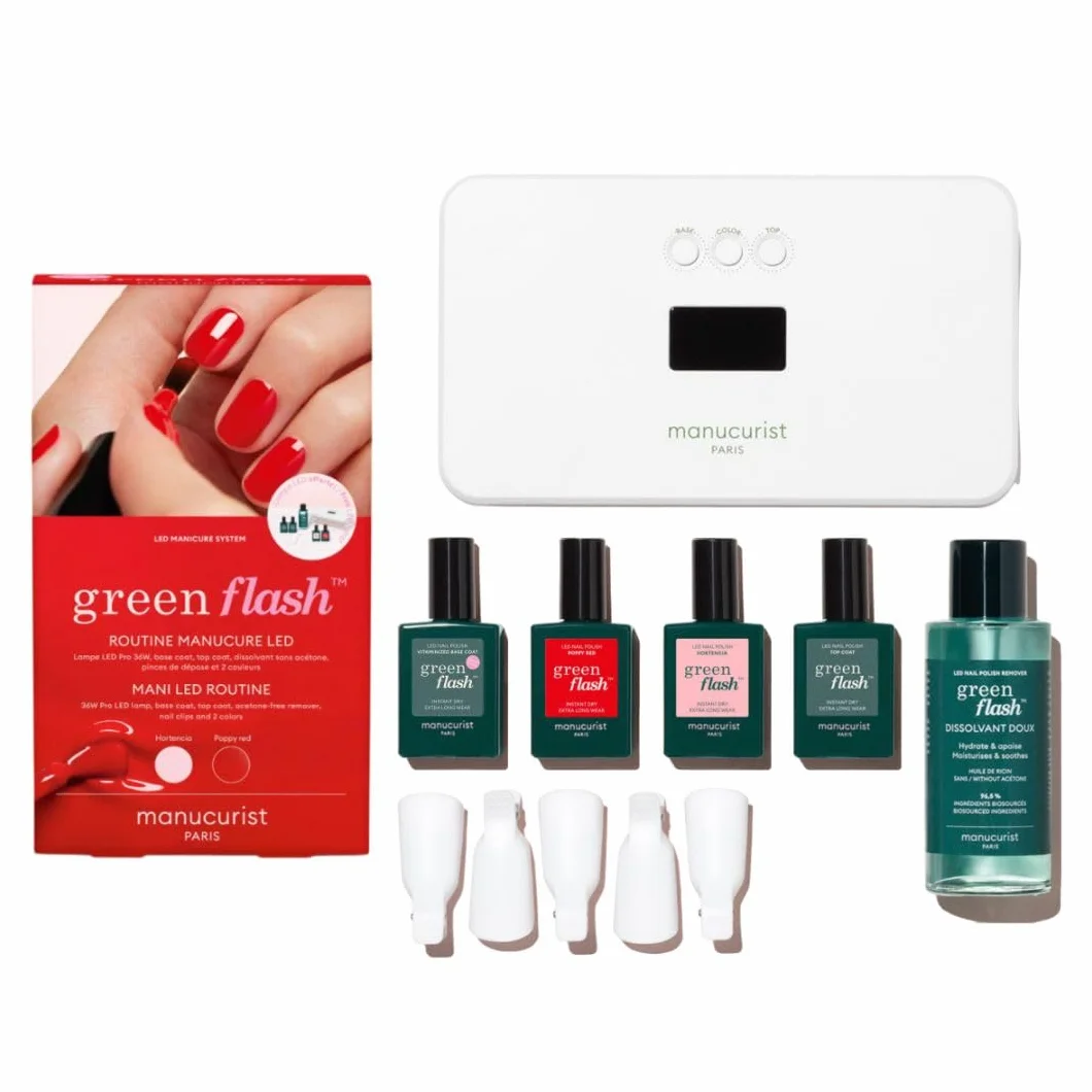MANUCURIST - Zestaw lakierów żelowych Green Flash Slim - Lampa LED 36 W z powłoką bazową + Top Coat + 2 kolory żelowe: Poppy Red & Hortencia + Lampa LED + Remover + Klipsy - Prezent dla kobiet