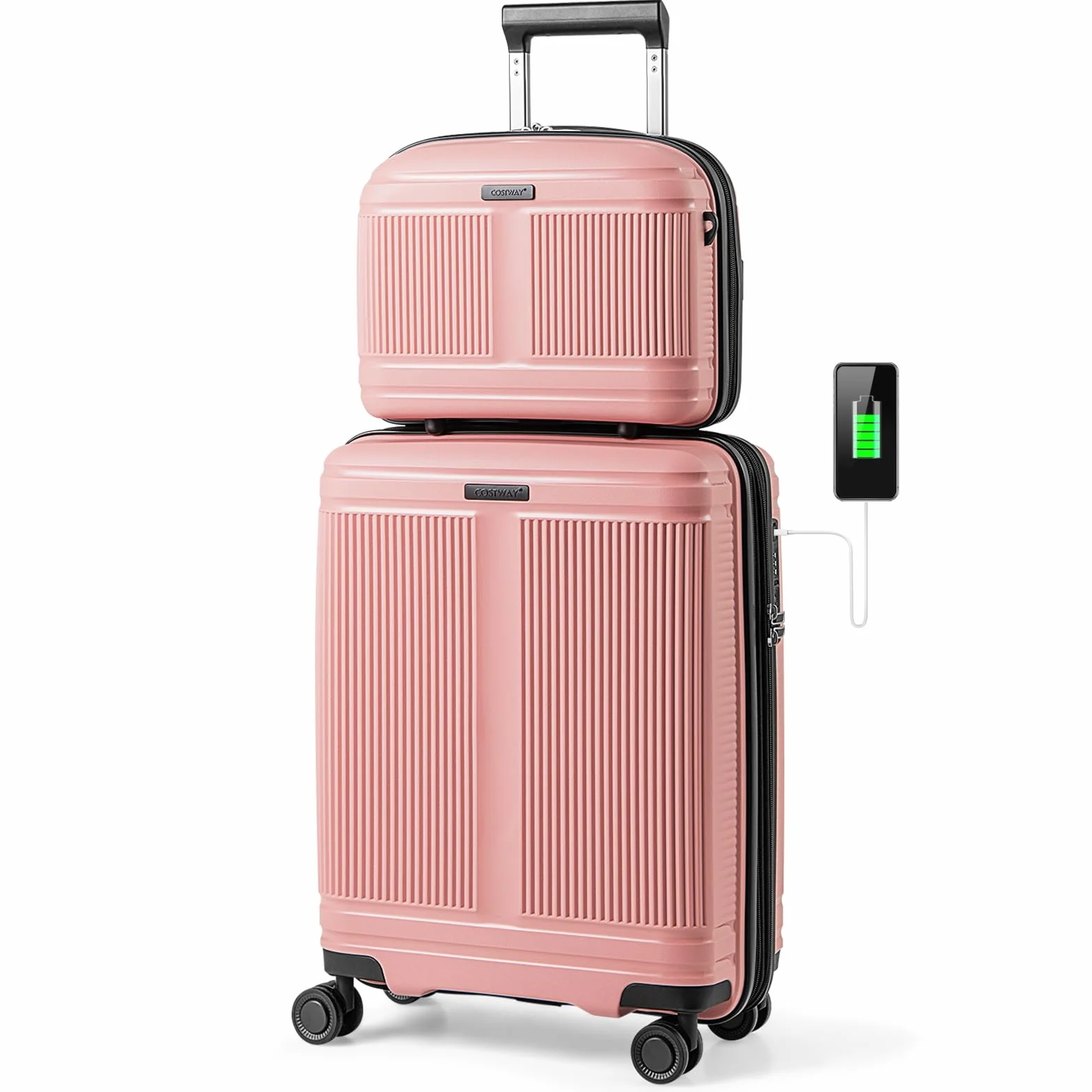COSTWAY 2-częściowy zestaw bagażu, walizka podręczna o przekątnej 14", z zamkiem TSA, port USB, bagaż na kółkach, 2 sztuki, różowy, 14” + 20", Operacje