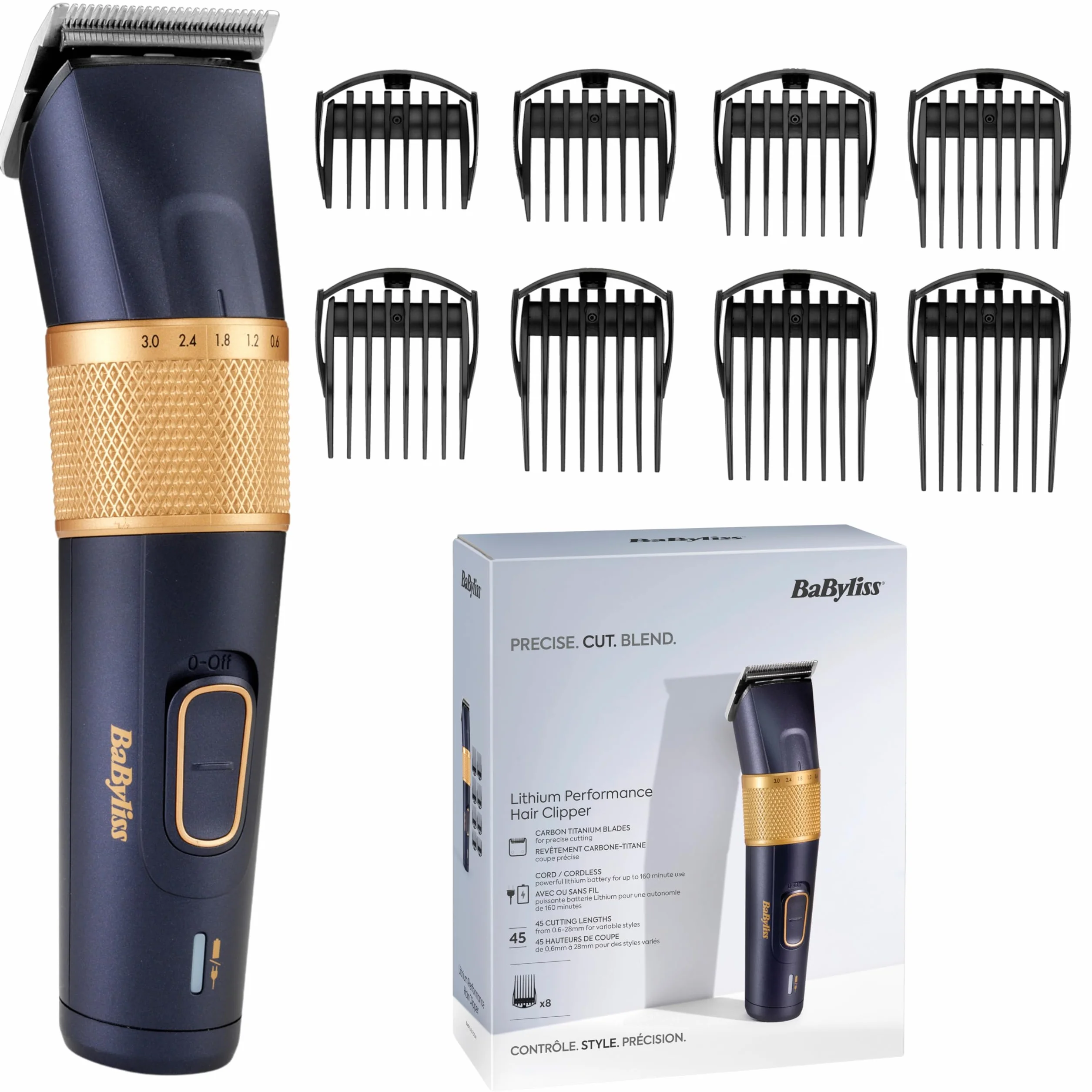 Maszynka do strzyżenia włosów BaByliss Lithium Performance — bezprzewodowa, profesjonalna wydajność, 45 ustawień długości (0,6–28 mm), bateria litowa, ciemnoniebieska/złota, E986E