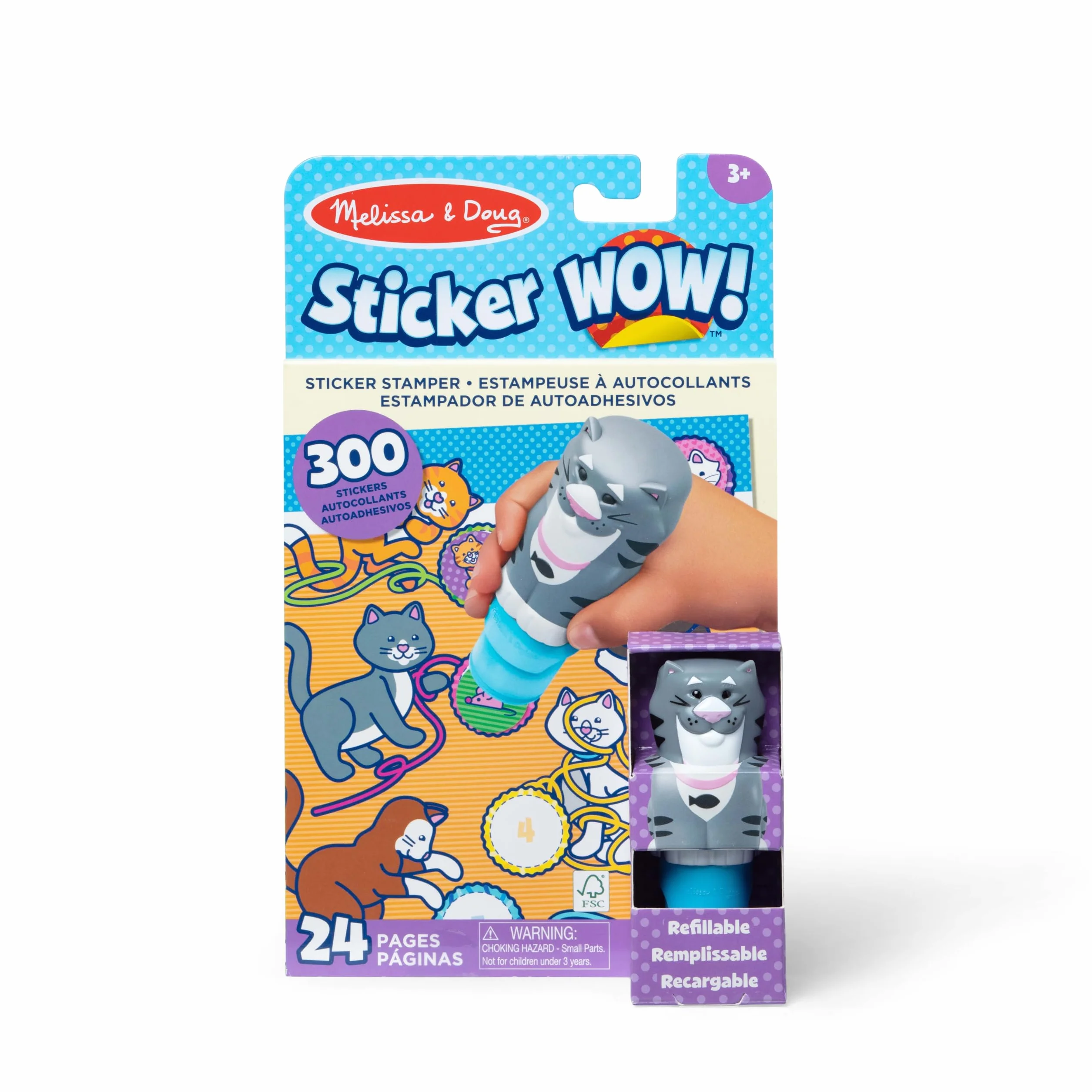 Melissa & Doug Naklejka Wow!™ 24-stronicowa podkładka do aktywności i stempel, 300 naklejek, sztuka i rękodzieło, zabawka Fidget kolekcjonerska postać - kot - certyfikat FSC