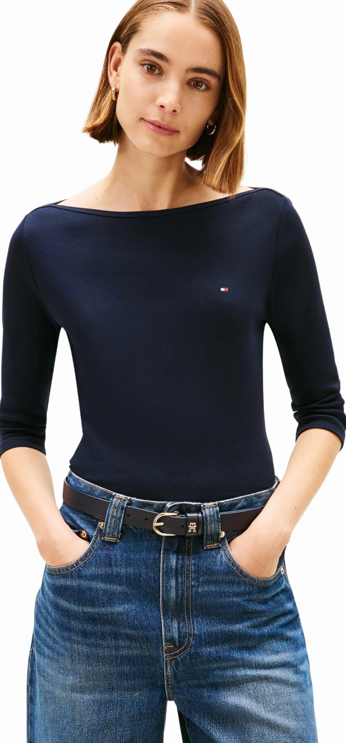 TOMMY HILFIGER Damski NEW CODY SLIM BOAT-NK 3/4SLV WW0WW4058902G005, NIEBIESKI (Nos Desert Sky), L, Niebieski (Nos Desert Sky), L