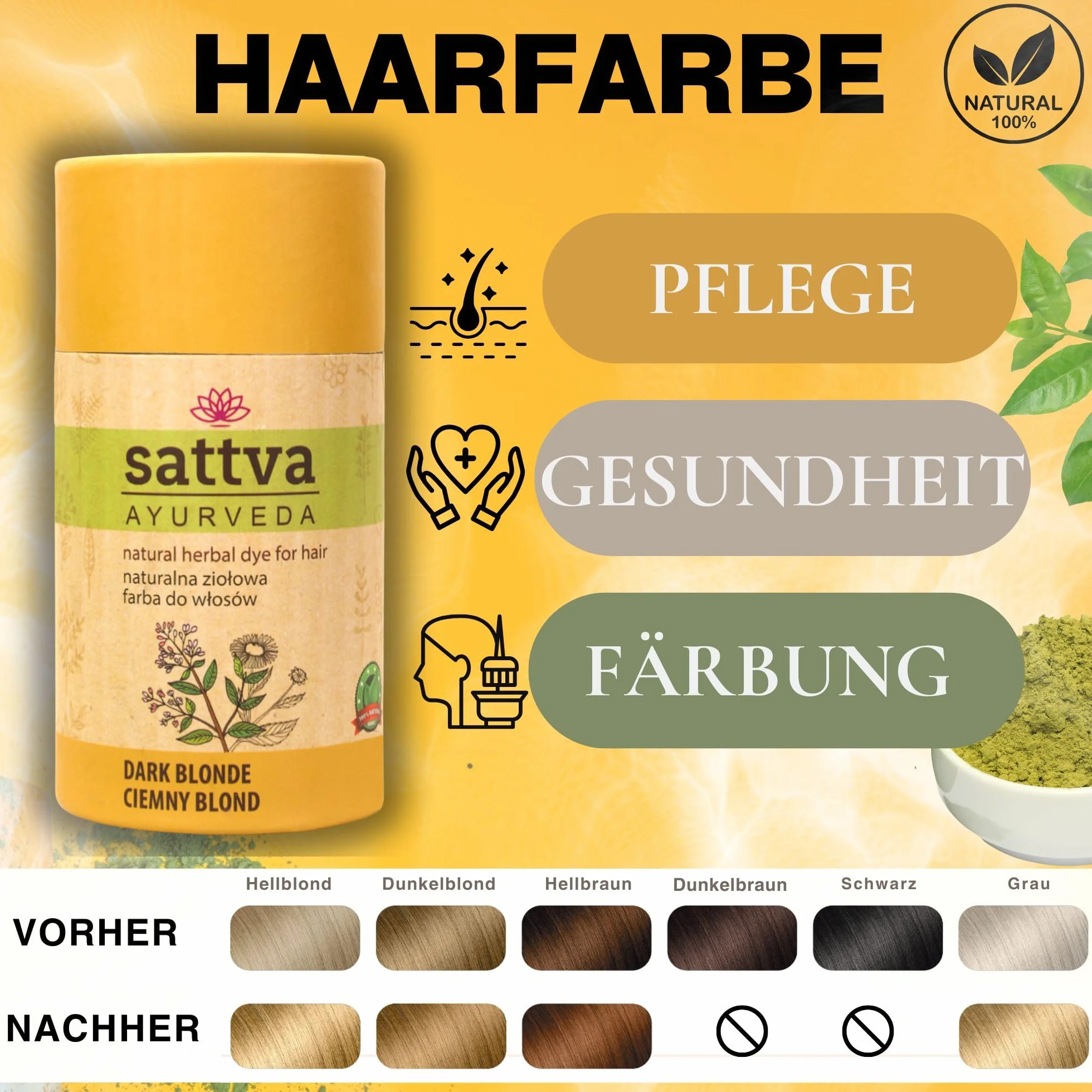 Sattva ECOCERT Naturalna farba do włosów na bazie roślin, henna, podwójna porcja, ciemny blond 150