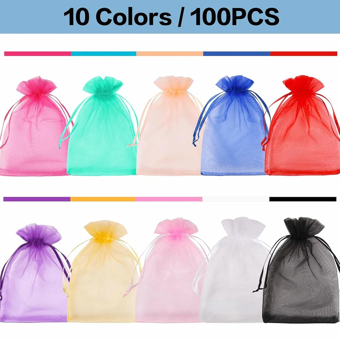 KARELLS Woreczki z organzy, 100 sztuk, 100 szt., 10 x 15 cm, kolorowa torebka na biżuterię, lawendowa, woreczek prezentowy ze sznurkiem, na Boże Narodzenie, ślub, przyjęcie urodzinowe