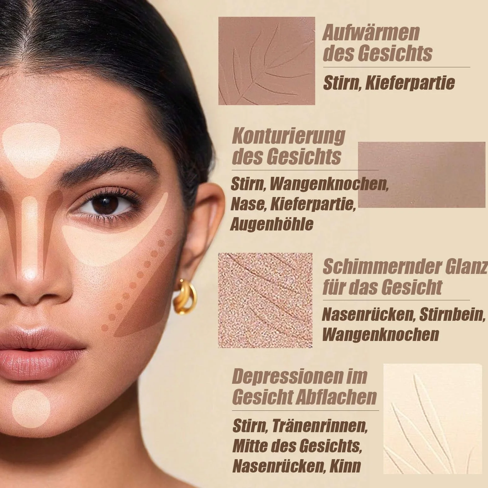 Paleta rozświetlaczy i konturowania 4 kolory matowy bronzer wodoodporna z 2 pędzlami