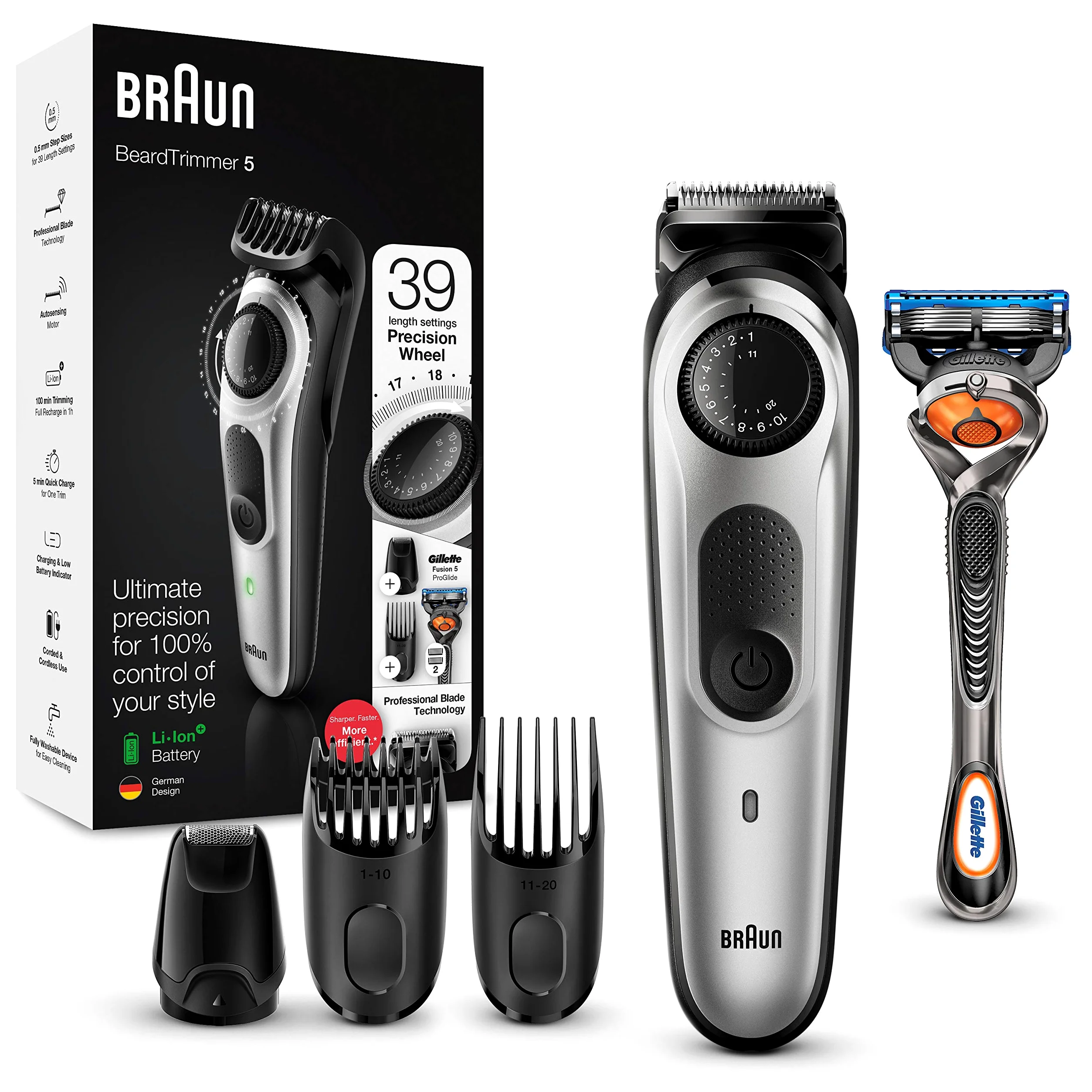 Braun BeardTrimmer 5 Trymer Do Brody i Włosów, Czarno/Srebrny, 39 ustawień długości