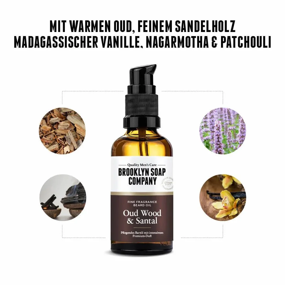 Brooklyn Soap Company Oud Wood & Santal olejek do brody 50 ml – pielęgnujący olejek do brody dla mężczyzn – do codziennej pielęgnacji brody – Beard Oil w rozmiarze podróżnym, idealny jako prezent dla