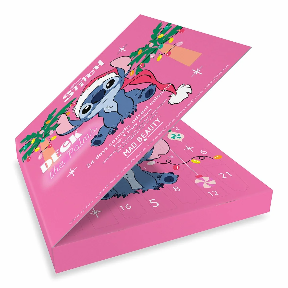 MAD Beauty – Disney STITCH kalendarz adwentowy z 24 produktami kosmetycznymi, wellness, kalendarz adwentowy dla kobiet i dziewcząt, z maską na twarz, balsamem do ciała, gumką do włosów, pilnikiem do