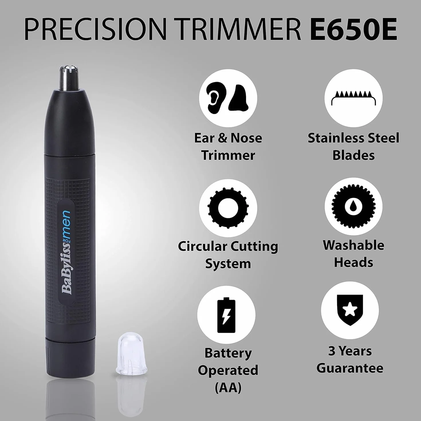 BaByliss Trymer do nosa i uszu - precyzyjny system 2 ostrzy, zasilany bateryjnie, stal nierdzewna, łatwe do czyszczenia zdejmowane nakładki, czarny, E650E