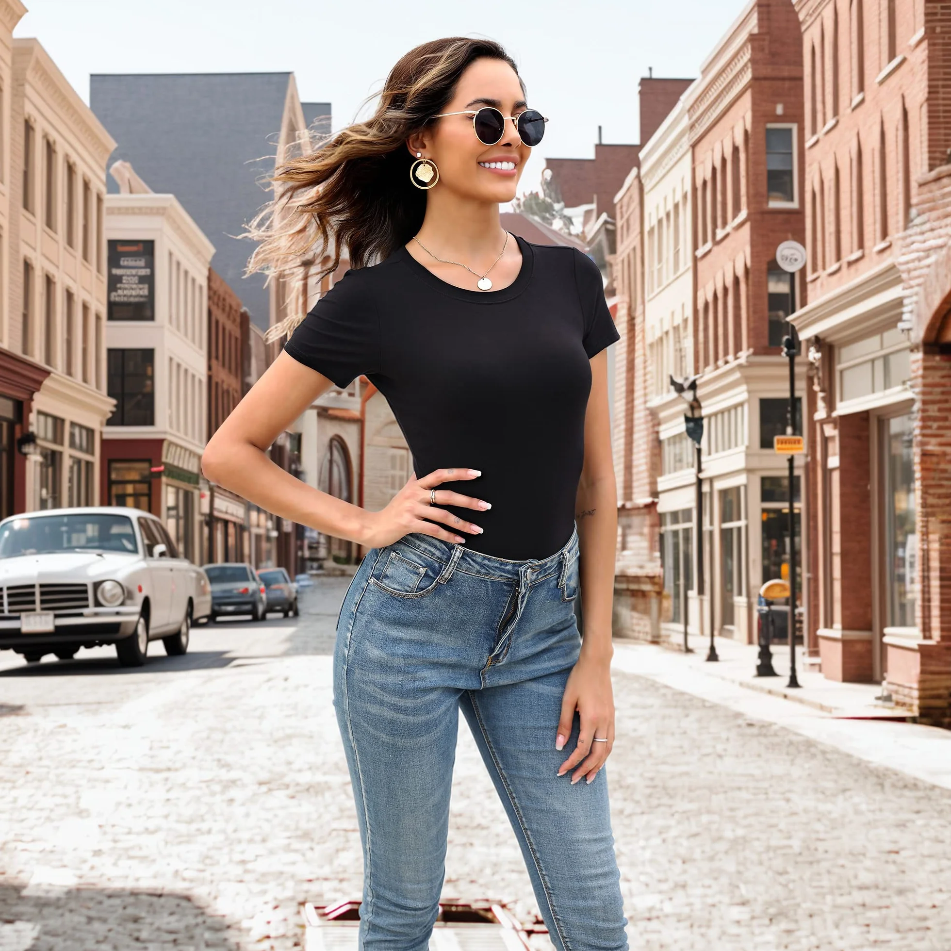 MLYENX 5-pak body dla kobiet z krótkim rękawem okrągły dekolt na co dzień rozciągliwy podstawowy t-shirt body topy