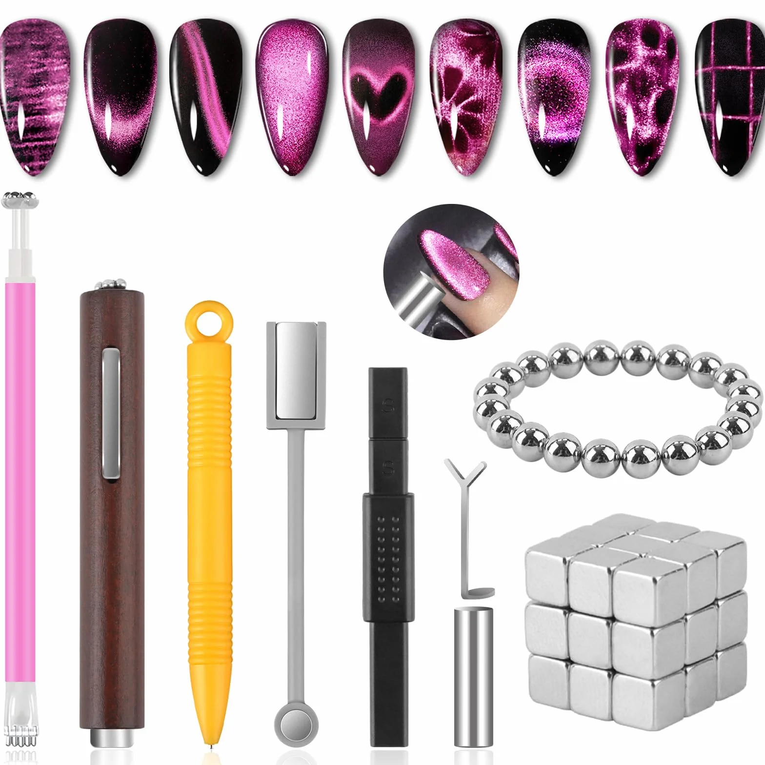 EBANKU 54PCS Cat Eye Nail Magnet Stick Set, 3 w 1 Magnetyczny Lakier do Paznokci, Długopis do Zdobienia Paznokci, żelowy Lakier do Paznokci Cat Eye Magnetic Nail Art Tools for Nail Salon