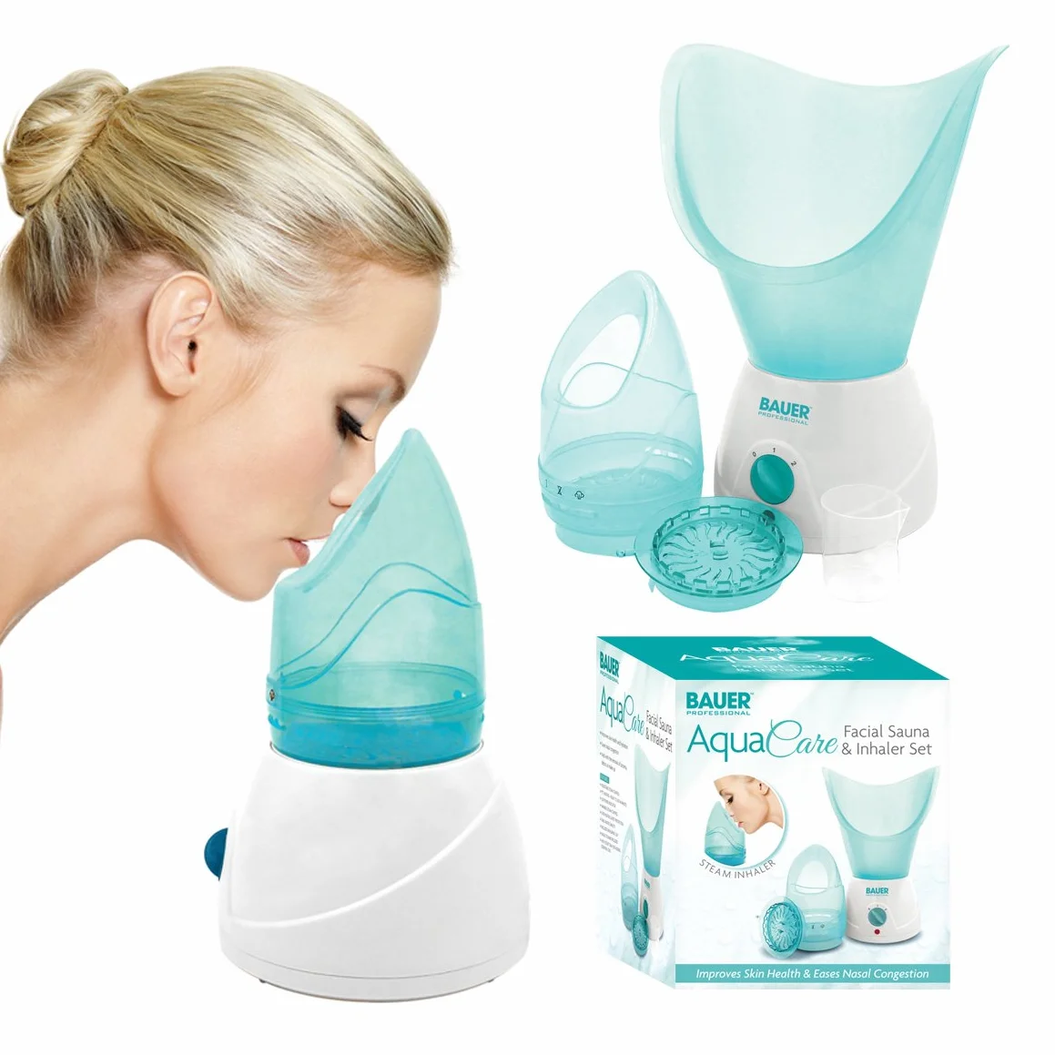 Bauer Professional Zestaw parownika do twarzy i inhalatora do nosa, usuwa zaskórniki i otwiera pory i zatoki, szybkie nagrzewanie, taca do aromaterapii
