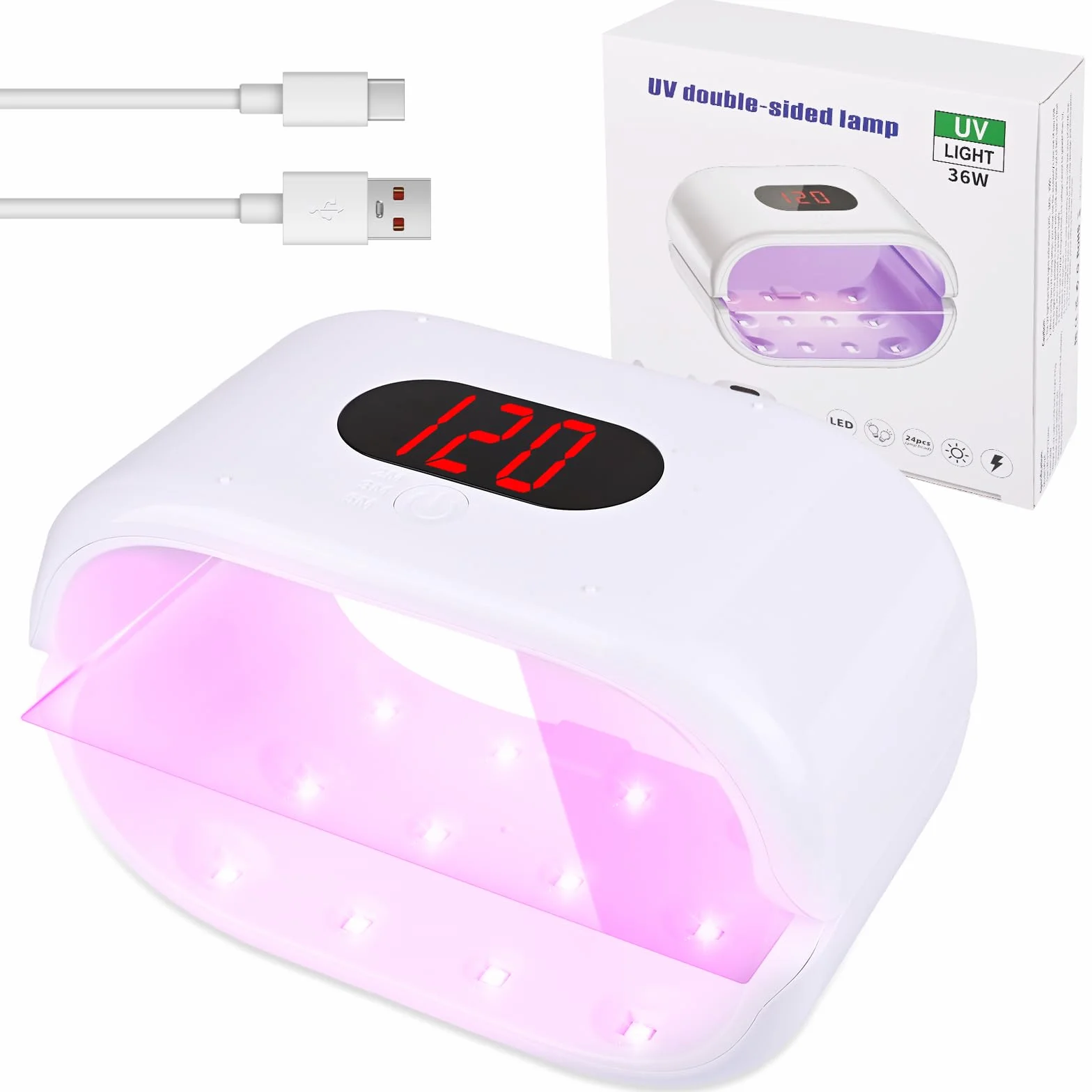 Euakee Światło UV do utwardzania żywicy, dwustronne światło UV, 24 światła z wyświetlaczem LED, 120, 180, 300 s, lakier do paznokci do produkcji biżuterii z żywicy, do domu i studia paznokci, białe