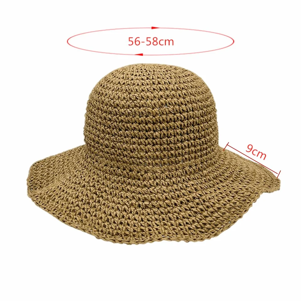 Kapelusz słomkowy, składany, słomkowy, damski, kapelusz przeciwsłoneczny, oddychający, na plażę, na wędrówki, kemping, podróże, khaki, 56 cm