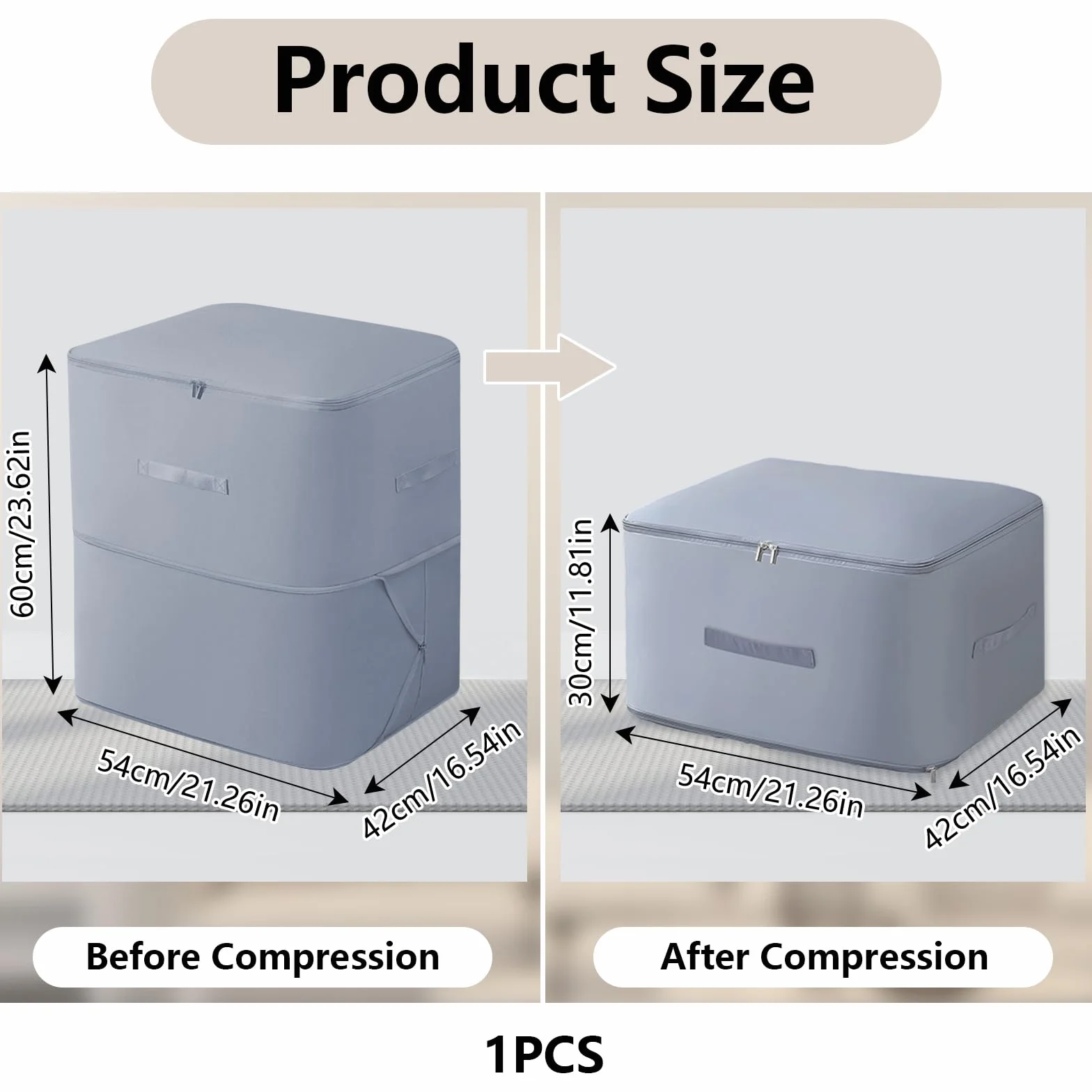 1 x organizer samokompresujący, torba do przechowywania kołder z zamkiem błyskawicznym, torba kompresyjna, kolor szary, ultra Space Saving Self Compression Organizer Bag (54 x 42 x 60 cm)