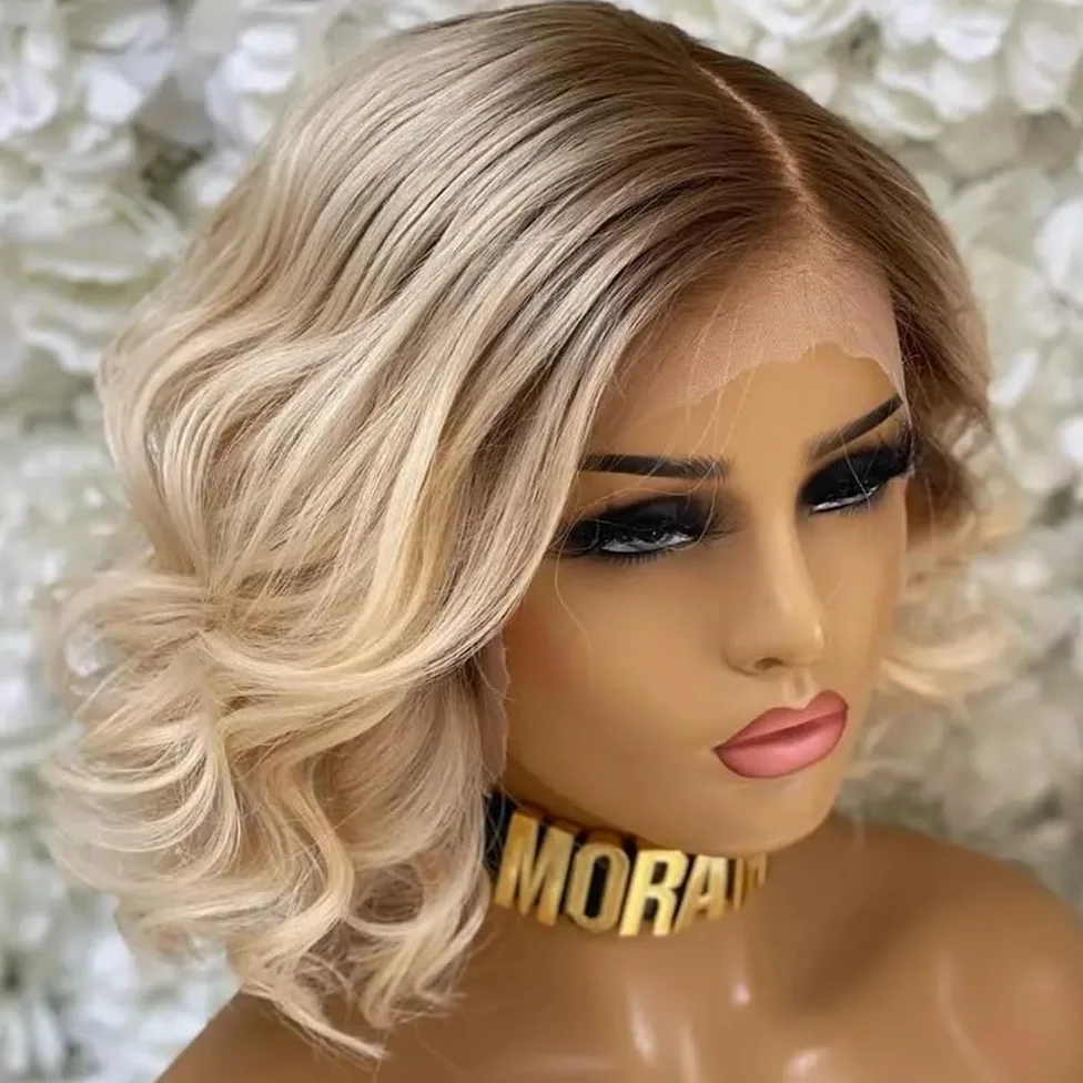 Ombre blond peruki damskie falowane peruki do ramion z linią włosów koronkowe wstępnie przycięte, środkowa część naturalna syntetyczna efekt naturalny i obszerna (14 cali)
