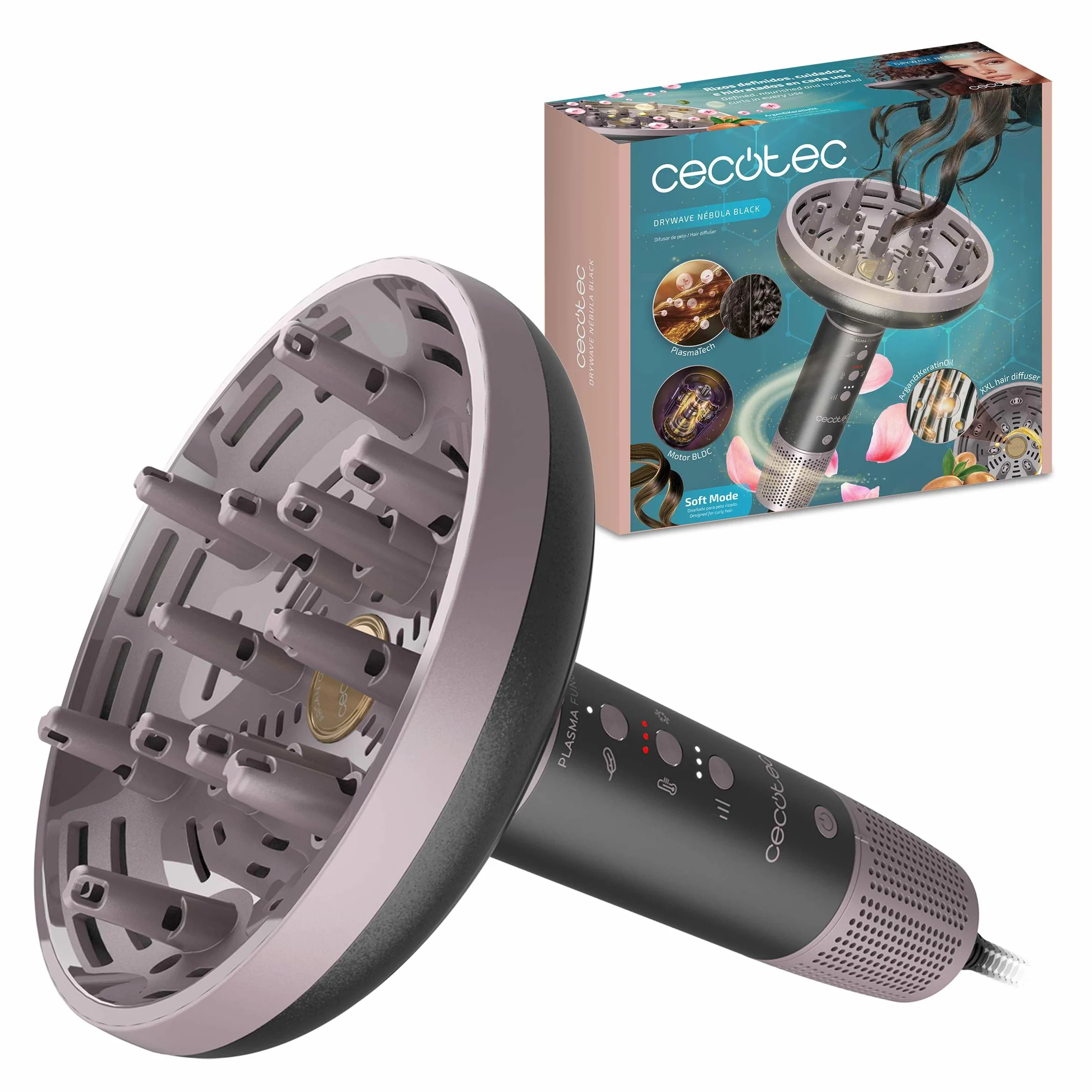 Cecotec Dyfuzorowa suszarka do włosów XXL DryWave Nébula Black. 1300 W, olej arganowy i keratyna, silnik bezszczotkowy, PlasmaTech Antifrizz, tryb miękki, 3 prędkości i temperatury, 12 zębów