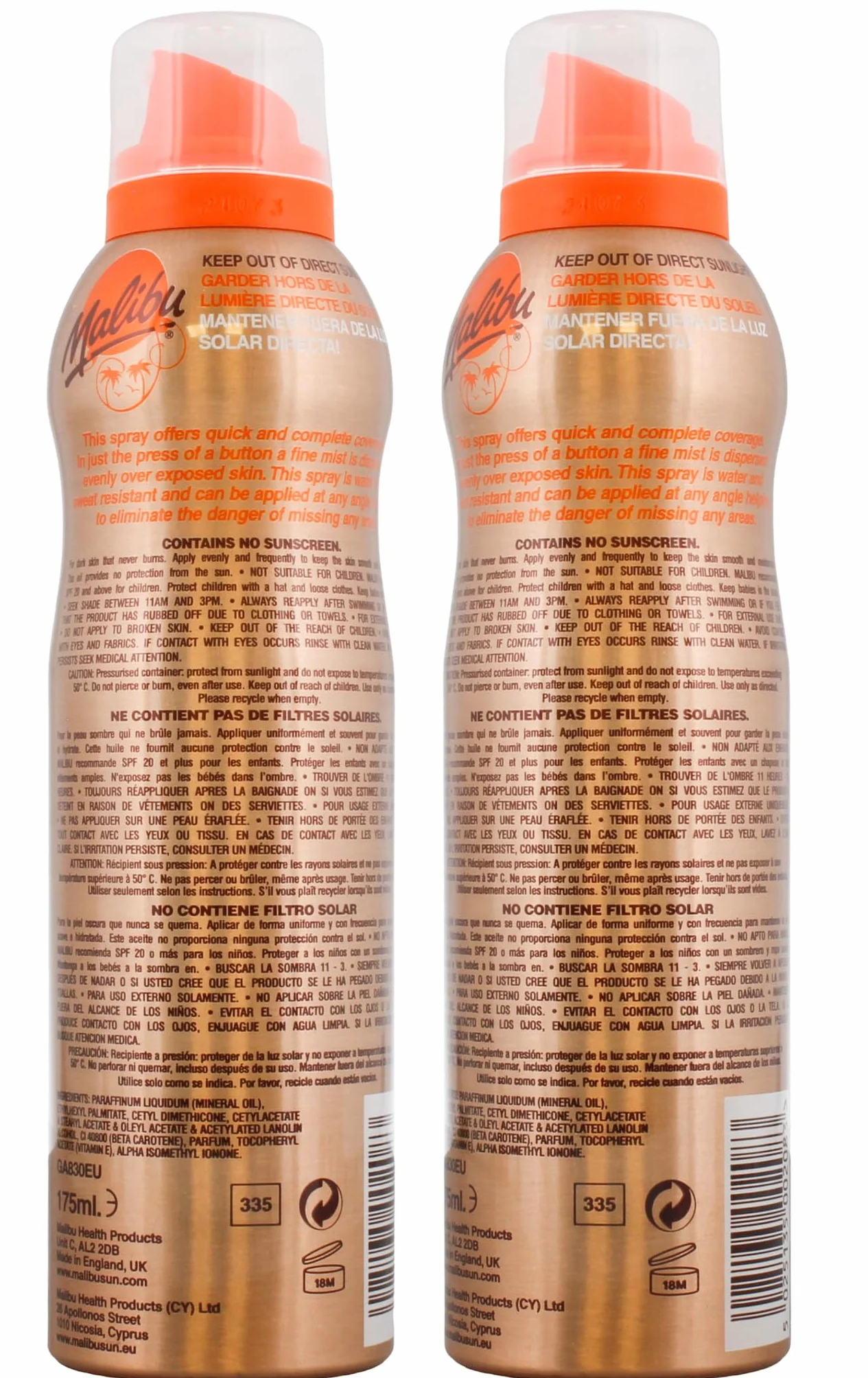 Malibu Sun, Fast Tan, olej do opalania ciągłego w sprayu kokosowym, łatwa aplikacja, 175 ml
