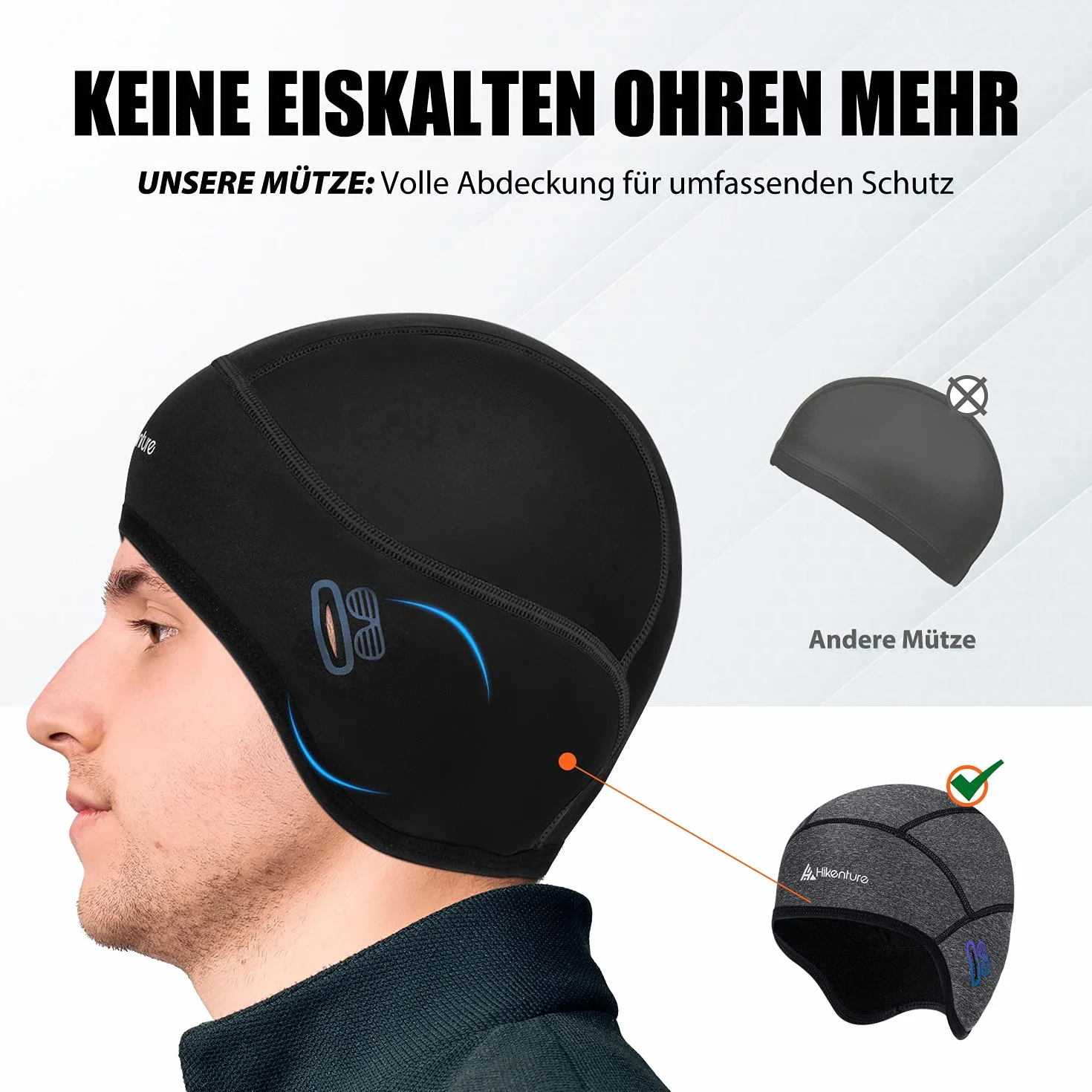 HIKENTURE Czapka rowerowa na zimę, ciepła i wiatroszczelna, wygodna czapka pod kask rowerowy, kask narciarski, na rower wyścigowy, górski, lekka czapka na kask z otworem na okulary lub bez