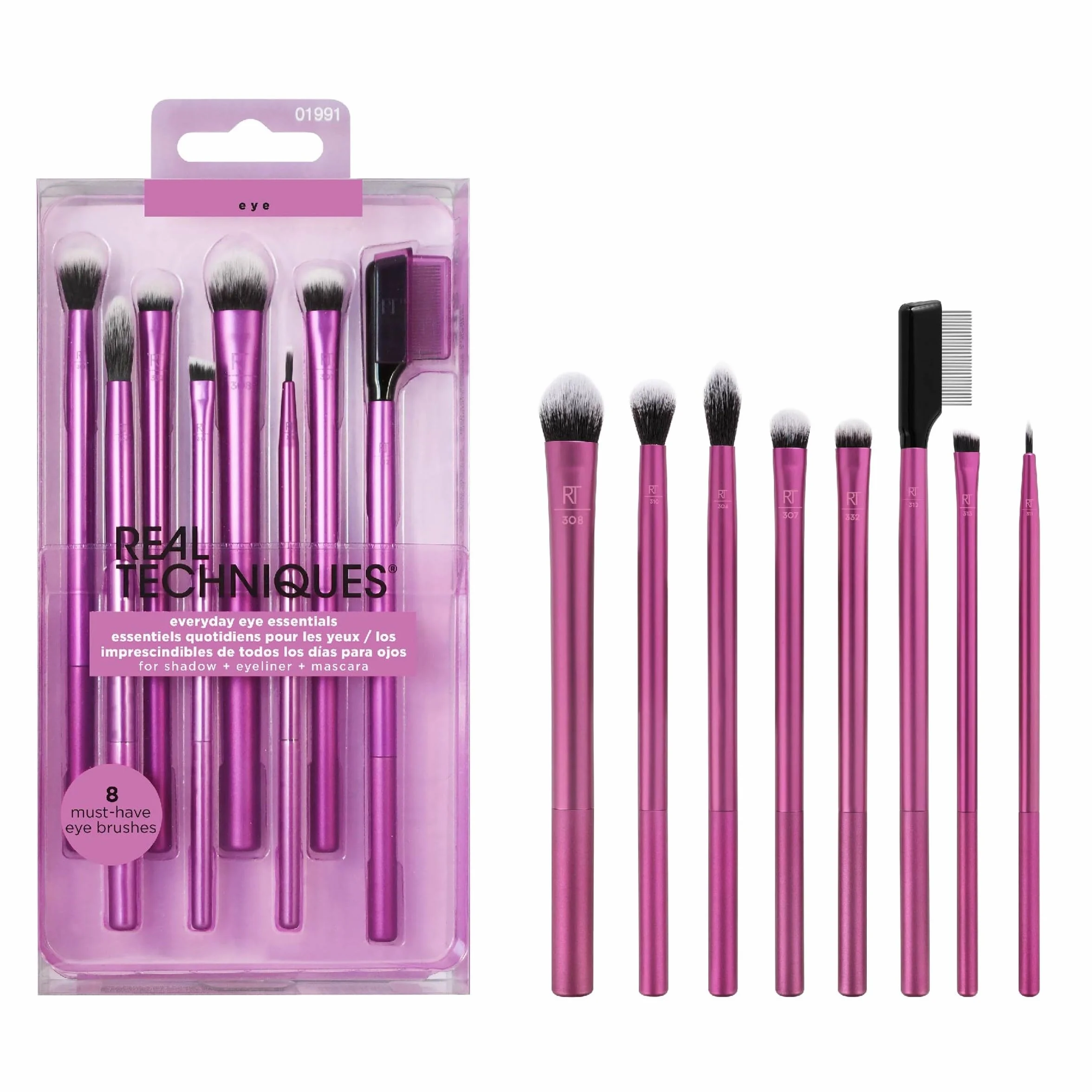 Real Techniques Everyday Eye Essentials Zestaw Pędzli do Makijażu, Fioletowy/Czarny, 8 Elementów