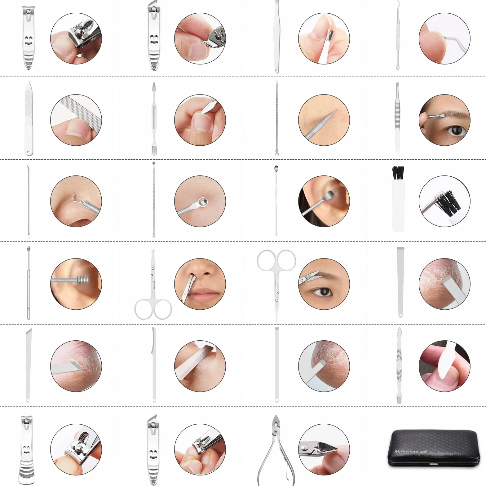 Zestaw do manicure, profesjonalny obcinacz do paznokci, narzędzia do pielęgnacji pedicure, 23 szt., narzędzia do pielęgnacji ze stali nierdzewnej z czarnym etui ze skóry PU, do podróży lub domu (kolor