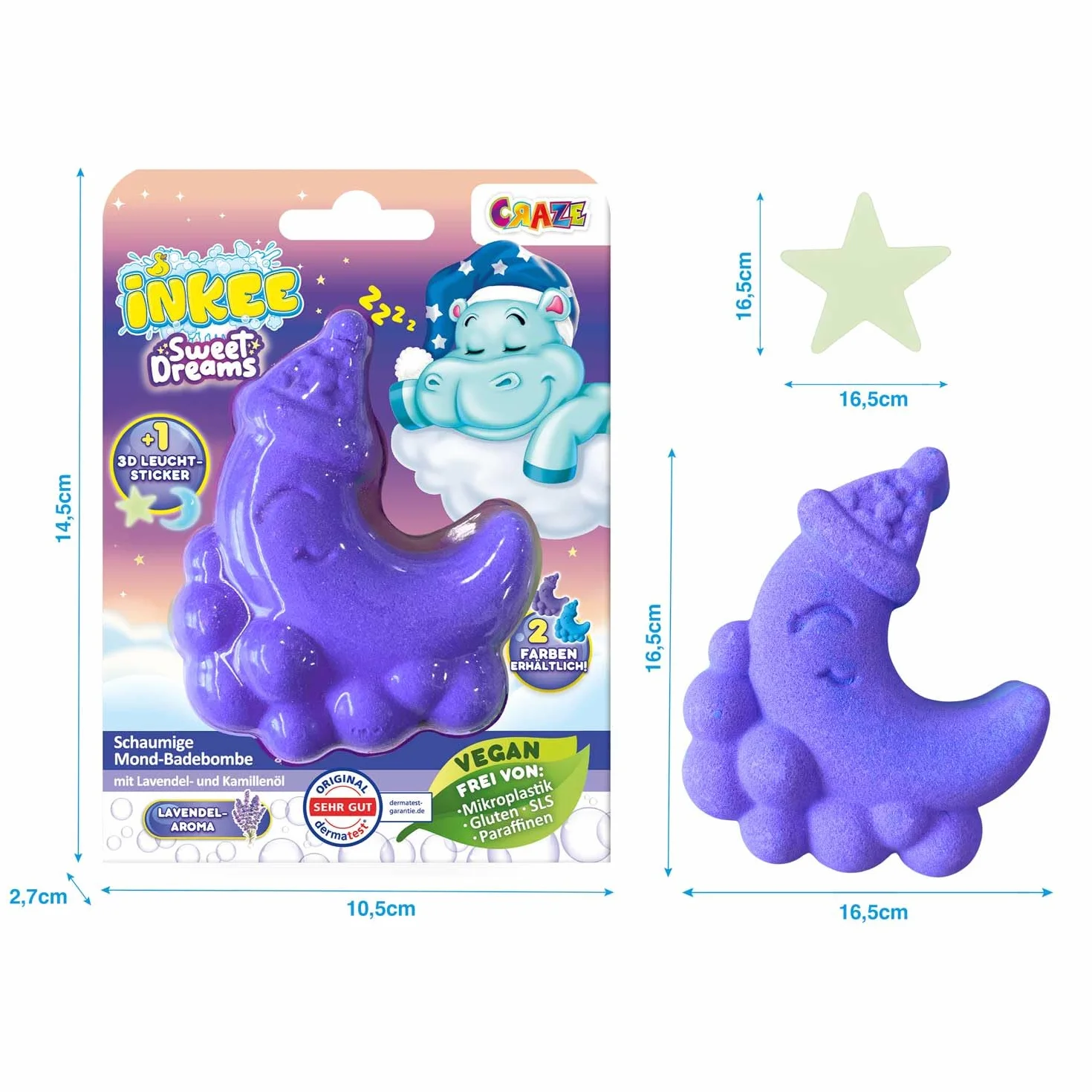 INKEE Foamy Moon Sweet Dream – spieniona kula do kąpieli w kształcie księżyca 60 g, kula kąpielowa dla dzieci z niespodzianką, z zapachem lawendy i olejkiem rumiankowym, fioletowa i niebieska