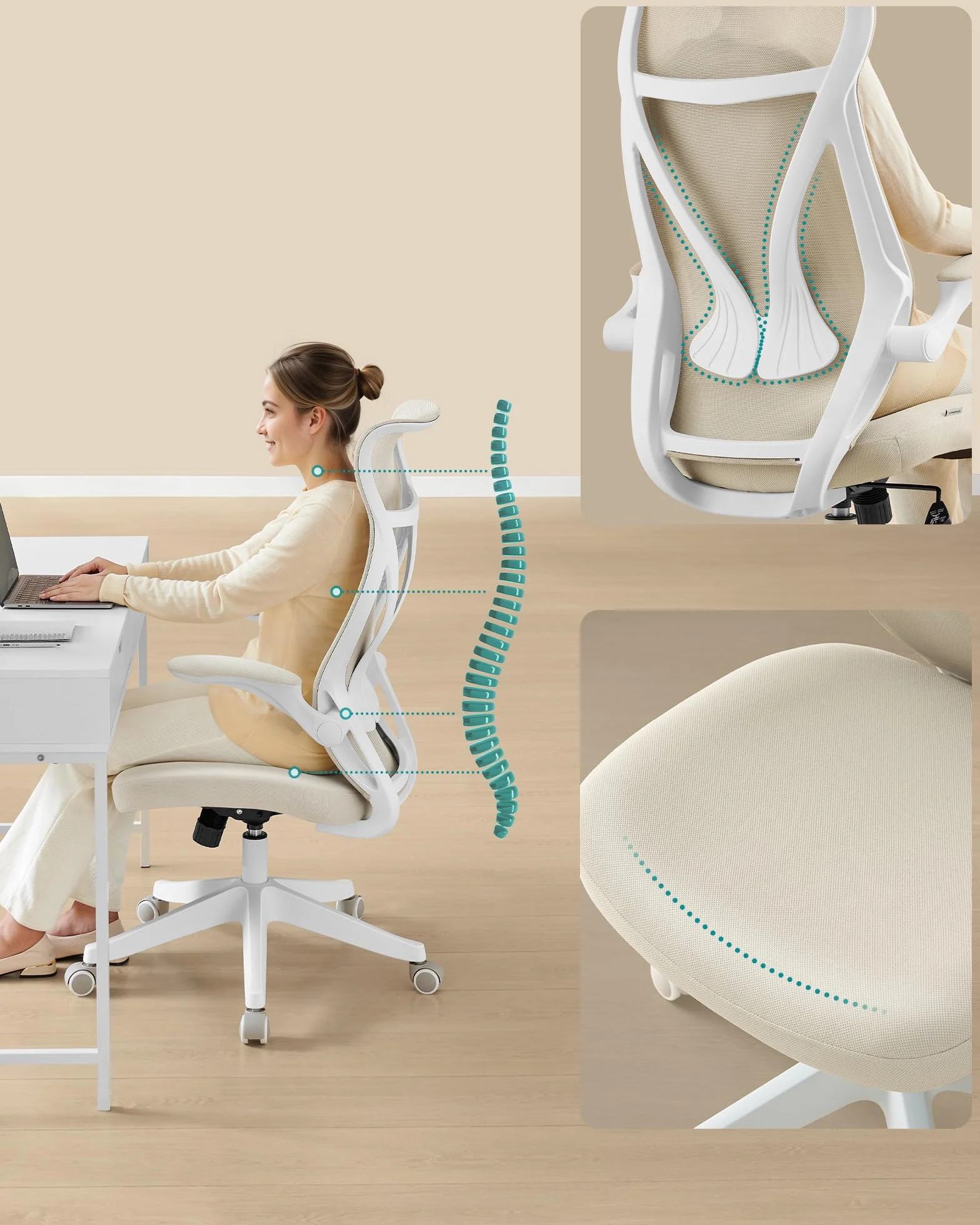 SONGMICS Krzesło biurowe, obrotowe krzesło siatkowe, ergonomiczne oparcie, regulacja wysokości, rozkładane podłokietniki, zagłówek, obciążenie do 150 kg, beżowy cappuccino OBN088K01