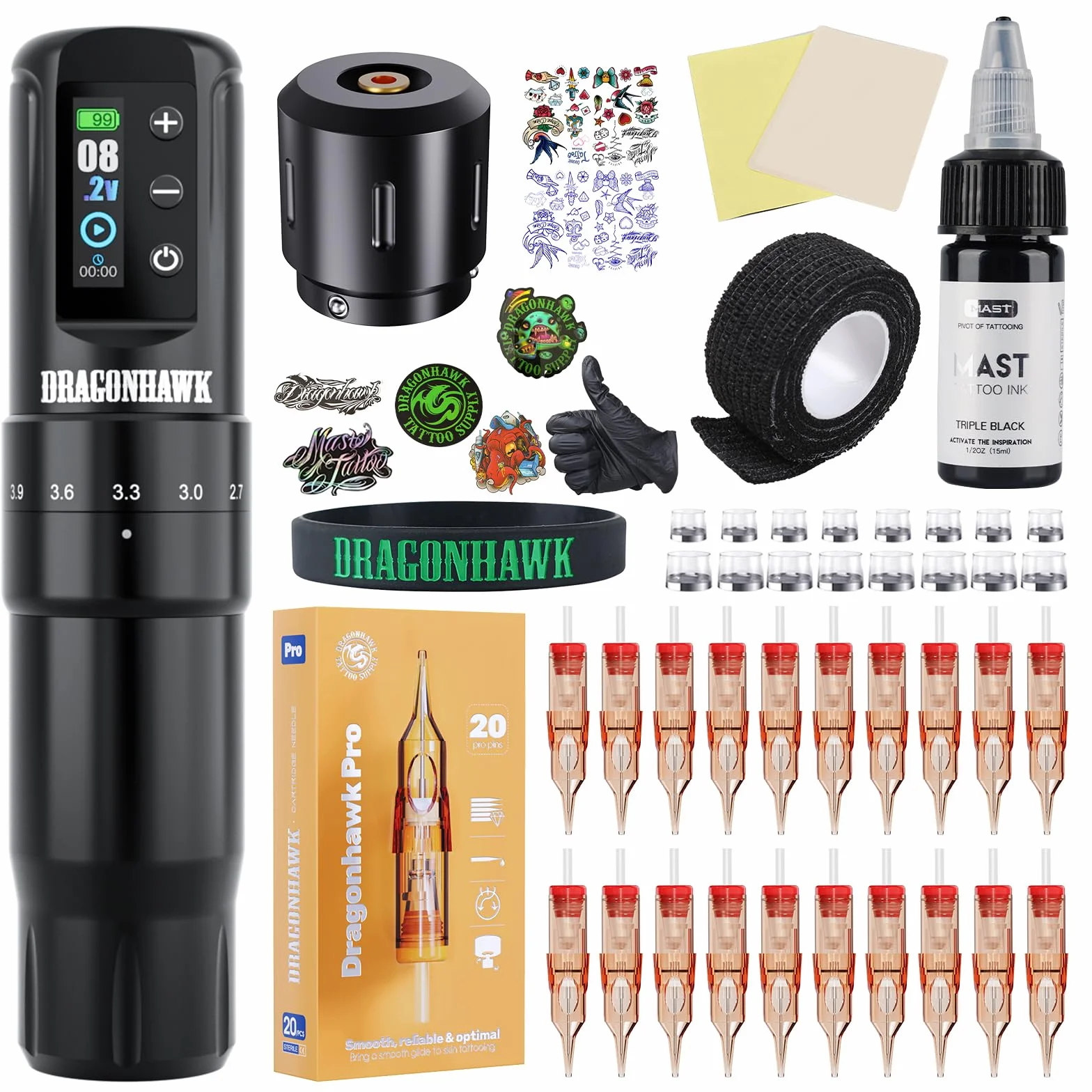 Dragonhawk Tattoo Machine Kit Wireless Tattoo Pen 2.4-4.2mm 1500mAh Battery Power Supply Digital Display Tattoo Needle Cartridges for Beginners