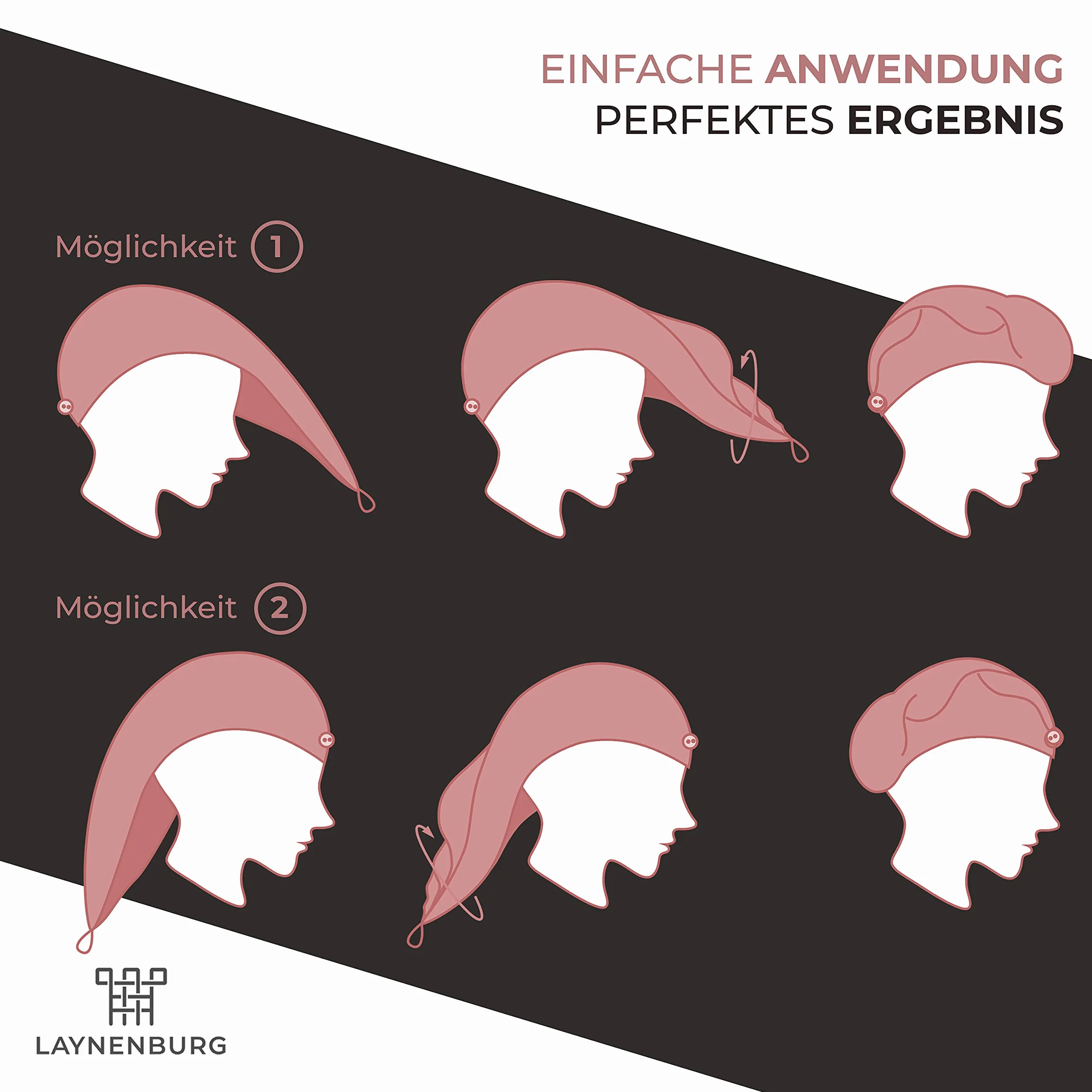 LAYNENBURG Wysokiej jakości turban do włosów z guzikiem ze 100% bawełny – ręcznik do włosów w zestawie z 4 gumkami do włosów – do krótkich i długich włosów – ręcznik turban jest szybkoschnący i