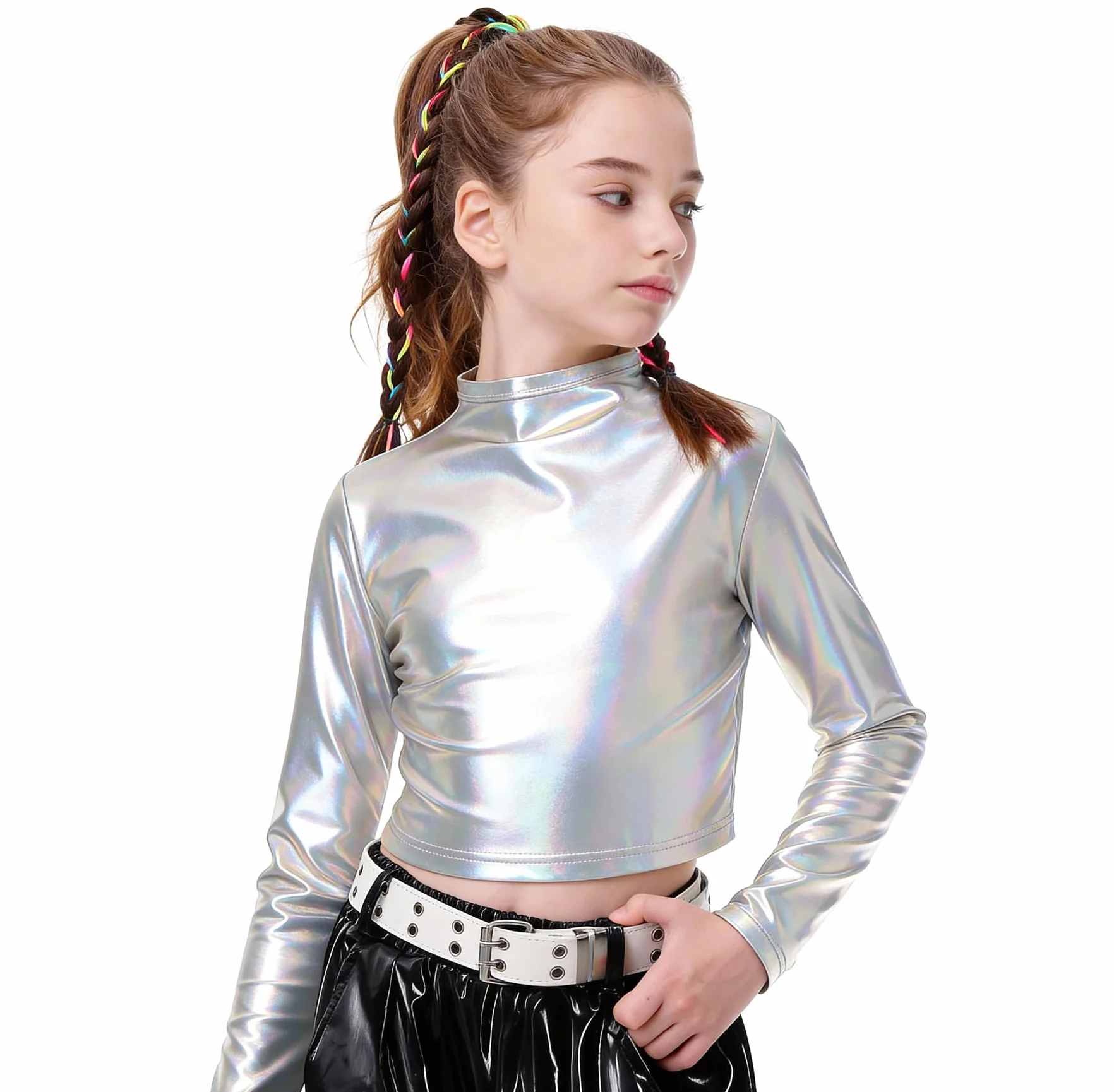 LOLANTA Dziewczęcy metaliczny top z golfem na pół golfem, błyszczący taneczny top do hiphopu, dyskoteki, sceny i imprez