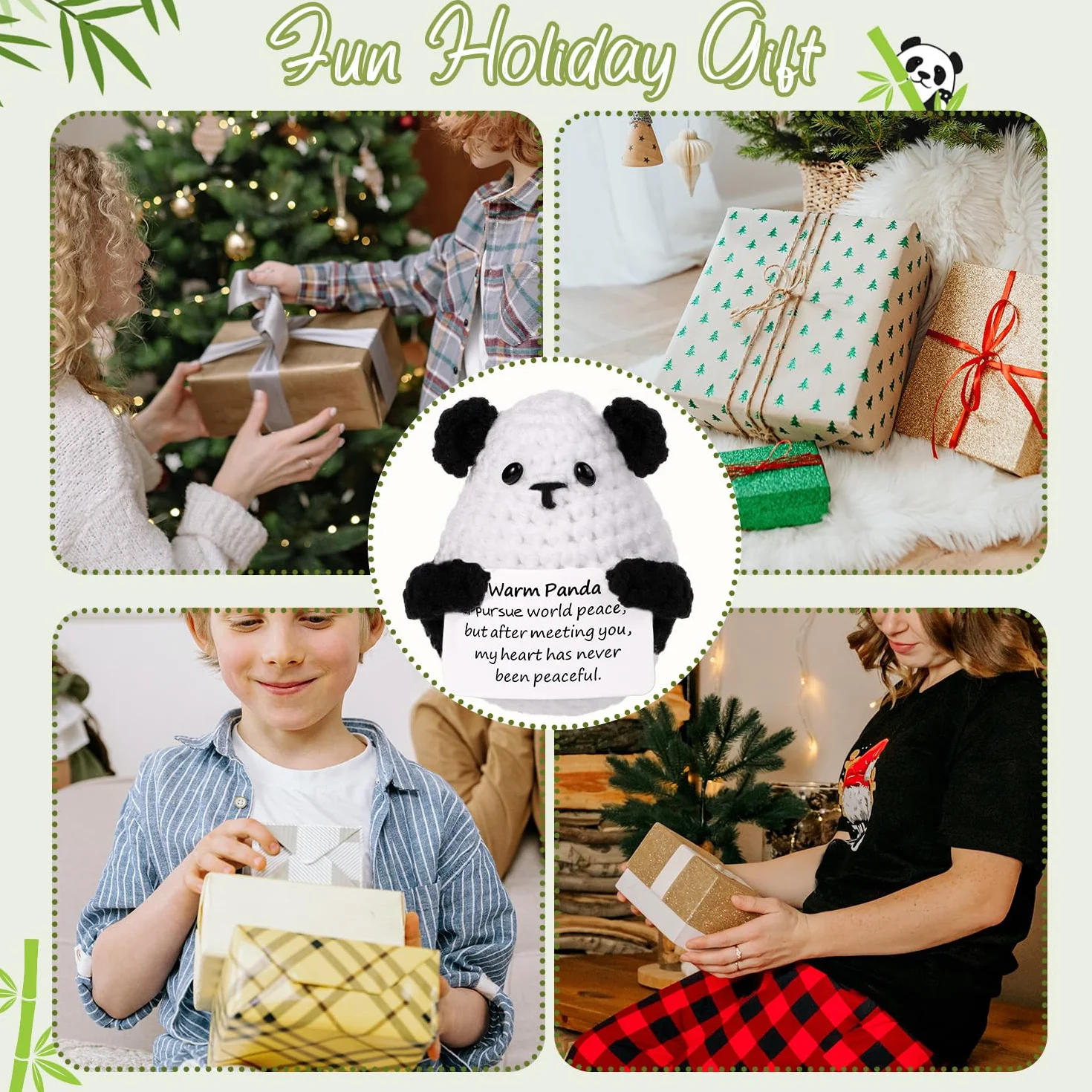 Zabawna Pozytywna Panda, 7,5cm Kreatywna Urocza Lalka Panda z Dzianiny z Inspirujaca Karta Ciekawy Szydelkowy Panda na Pluszowy Prezent Urodzinowy Dekoracja Imprezowa Zacheta