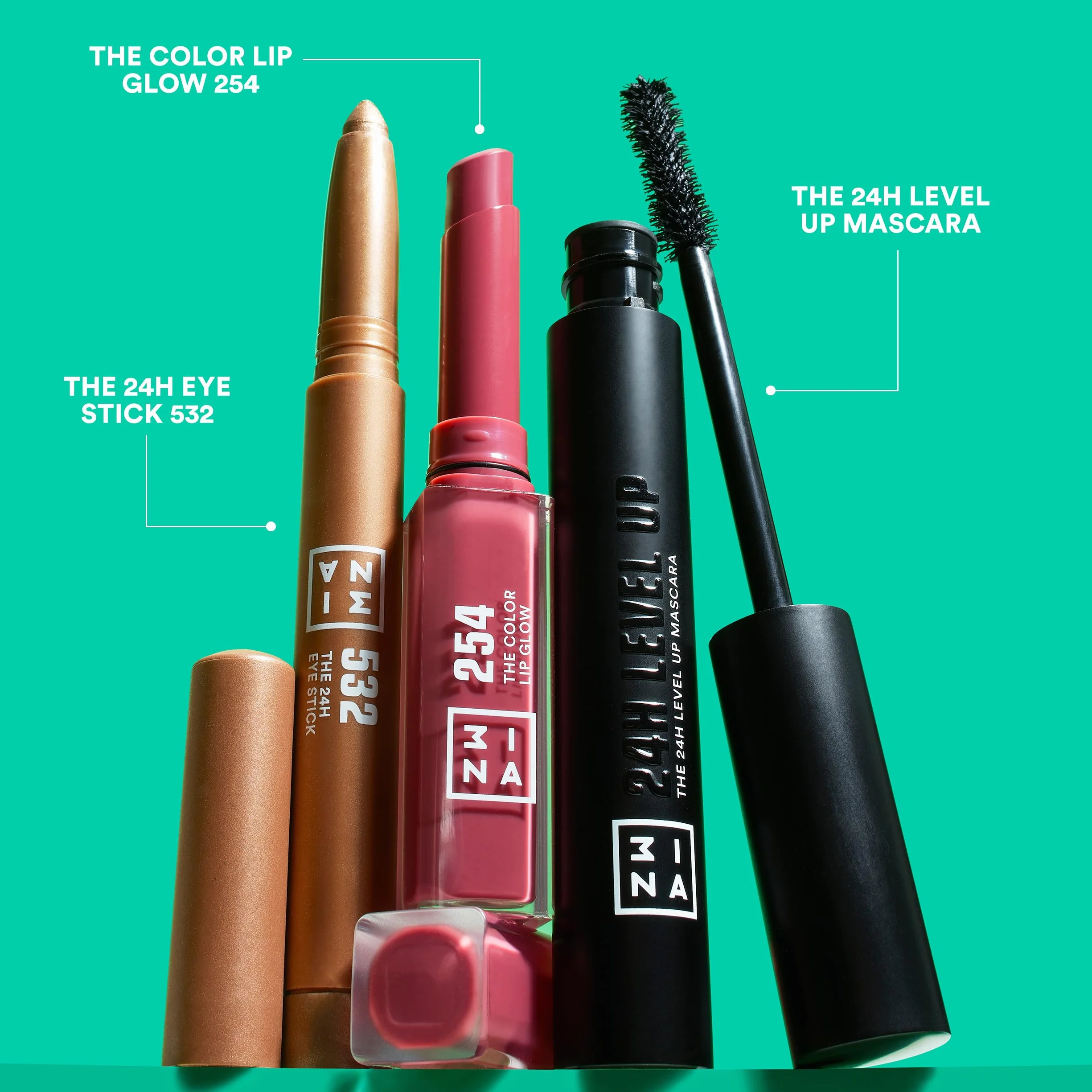 3INA MAKEUP - The Scribble and Glow Kit - Zestaw do makijażu 3INA – Eye Stick 532 + Lip Glow 254 + Level Up Mascara 900 – Kosmetyki kolorowe – Idealny prezent - Vegan - Cruelty Free
