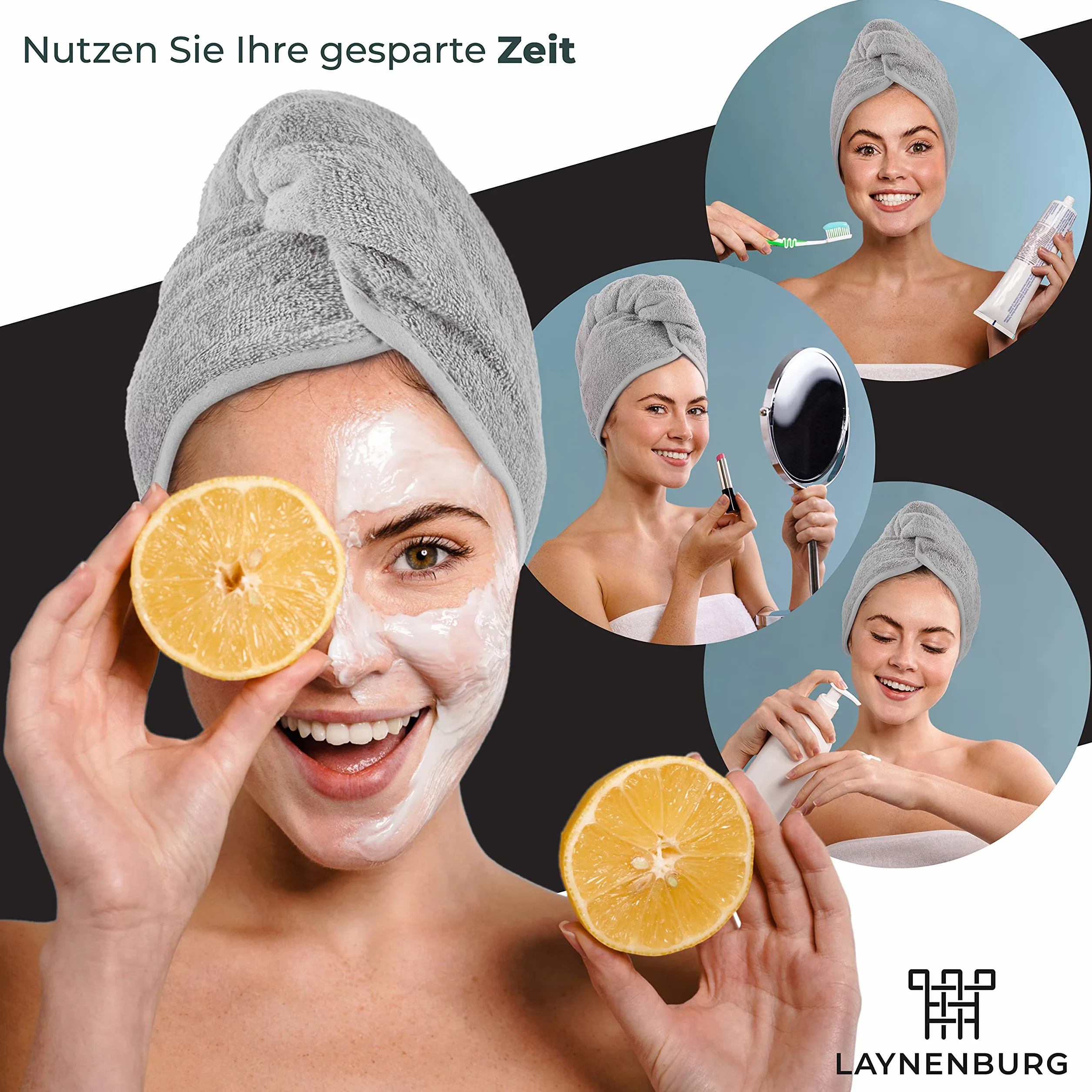 LAYNENBURG Wysokiej jakości turban do włosów z guzikiem ze 100% bawełny – ręcznik do włosów w zestawie z 4 gumkami do włosów – do krótkich i długich włosów – ręcznik turban jest szybkoschnący i