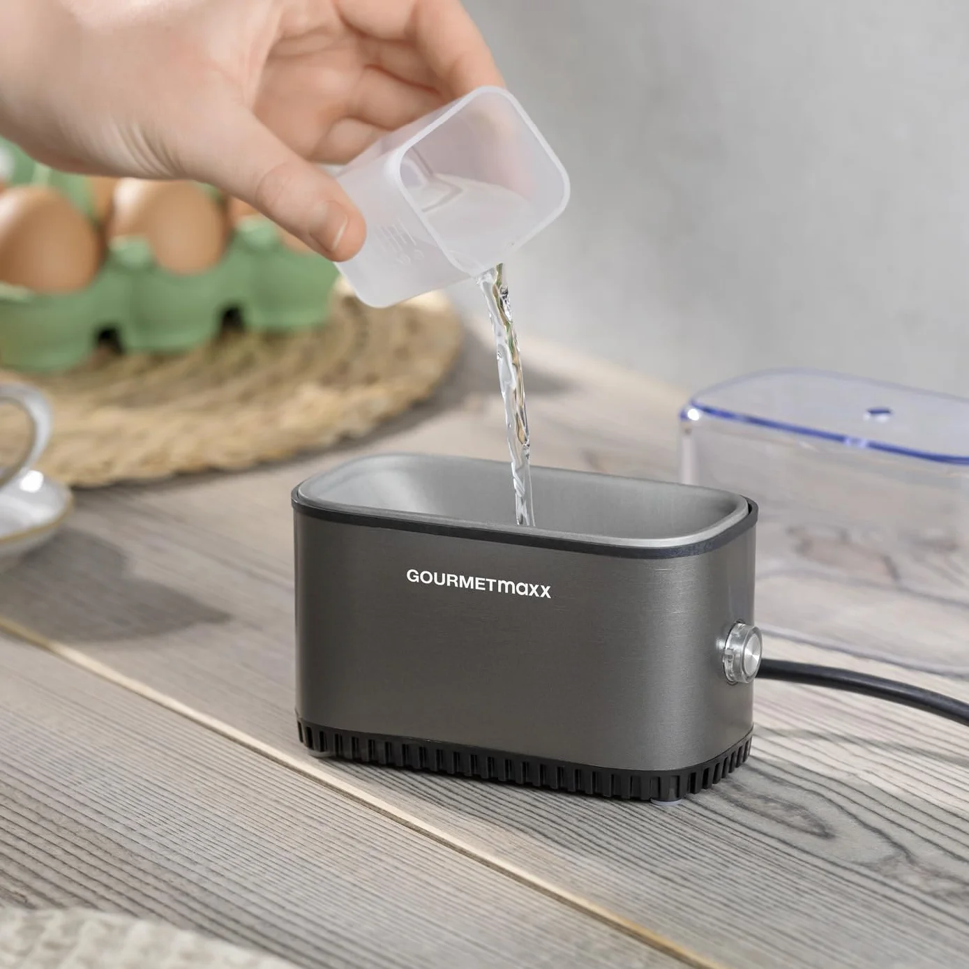 GOURMETmaxx Jajowar na 2 jajka | bojler do jajek z wykrawaczem do jajek w miarce | Egg Cooker – 3 stopnie twardości do kieliszków do jajek | Design mały jajowar – części nadające się do mycia w