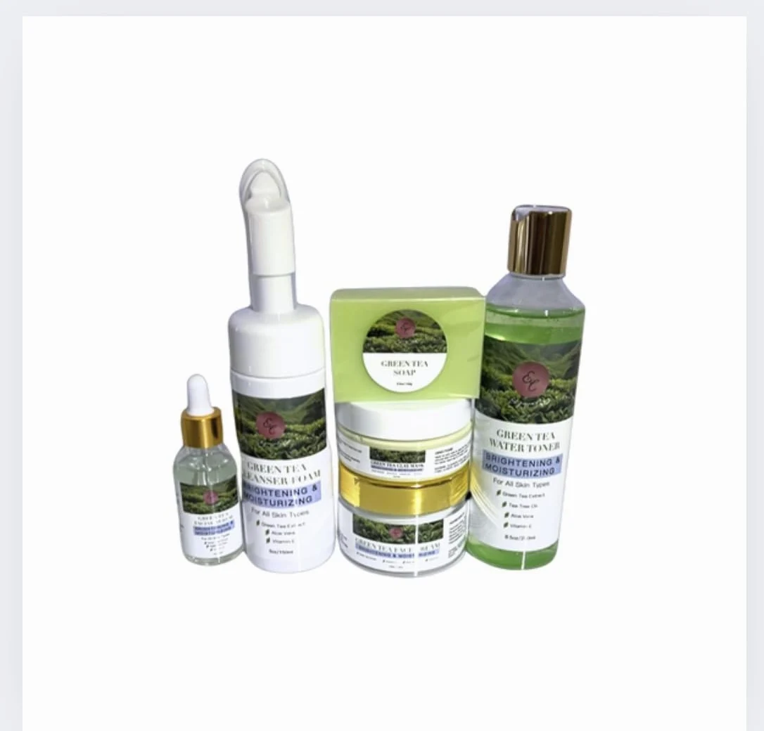 Zestaw do pielęgnacji twarzy i ciała z zieloną herbatą, 6 produktów organicznych 99% naturalnych, nawilżająca i oczyszczająca pełna rutyna