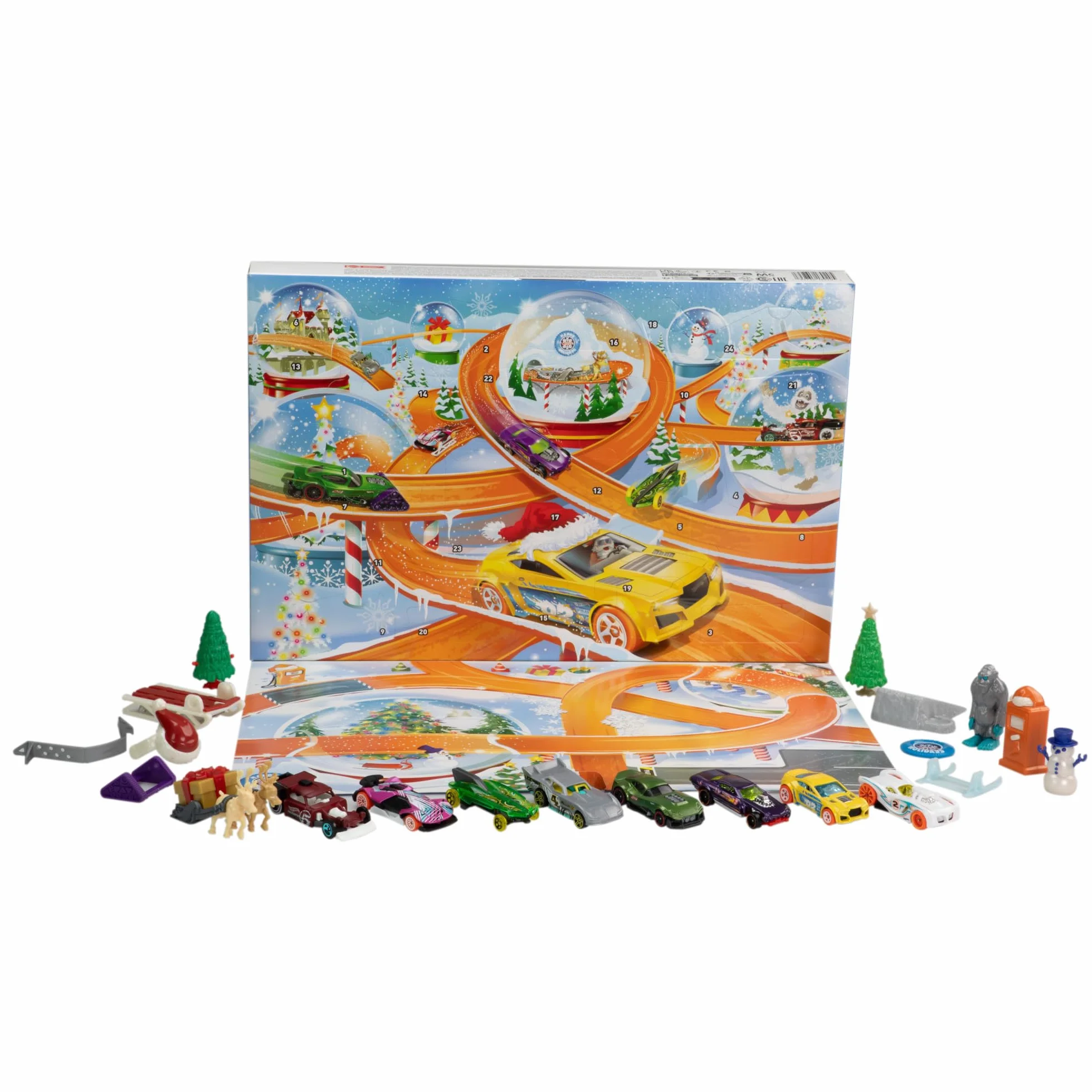 Hot Wheels Kalendarz adwentowy 2024 Zawiera 24 przegródki z 8 samochodzikami Hot Wheels w skali 1:64 i 16 zimowymi akcesoriami oraz minimatę do zabawy, HTG00