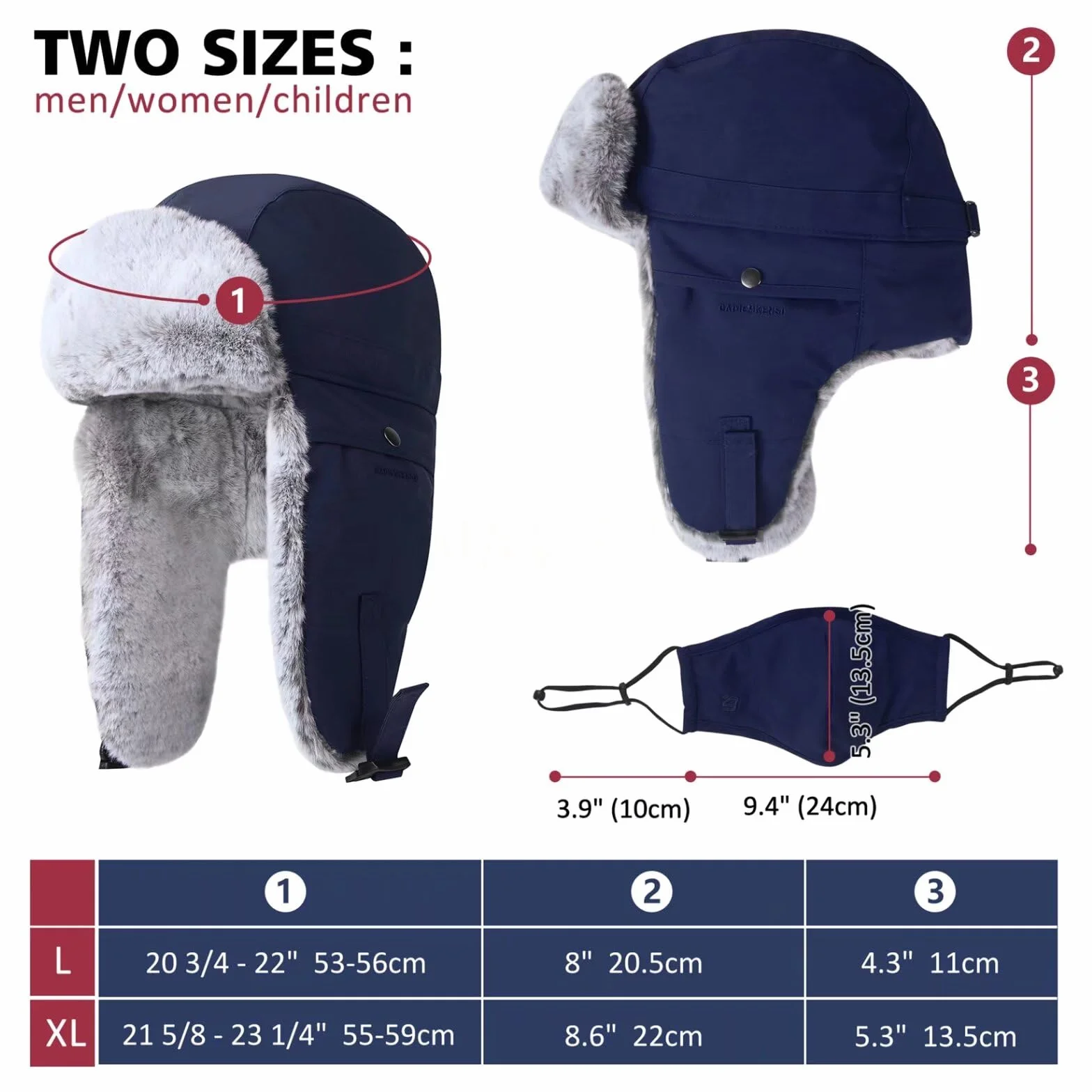 GADIEMKENSD Winter Trapper Hat for Women and Kids Warm Russian Ushanka for Men's Snow Ski Hunting Trooper Hat with Windproof Mask EarFlap Chin Strap Faux Fur Aviator Bomber Hat Cold Weather Cap Blue L