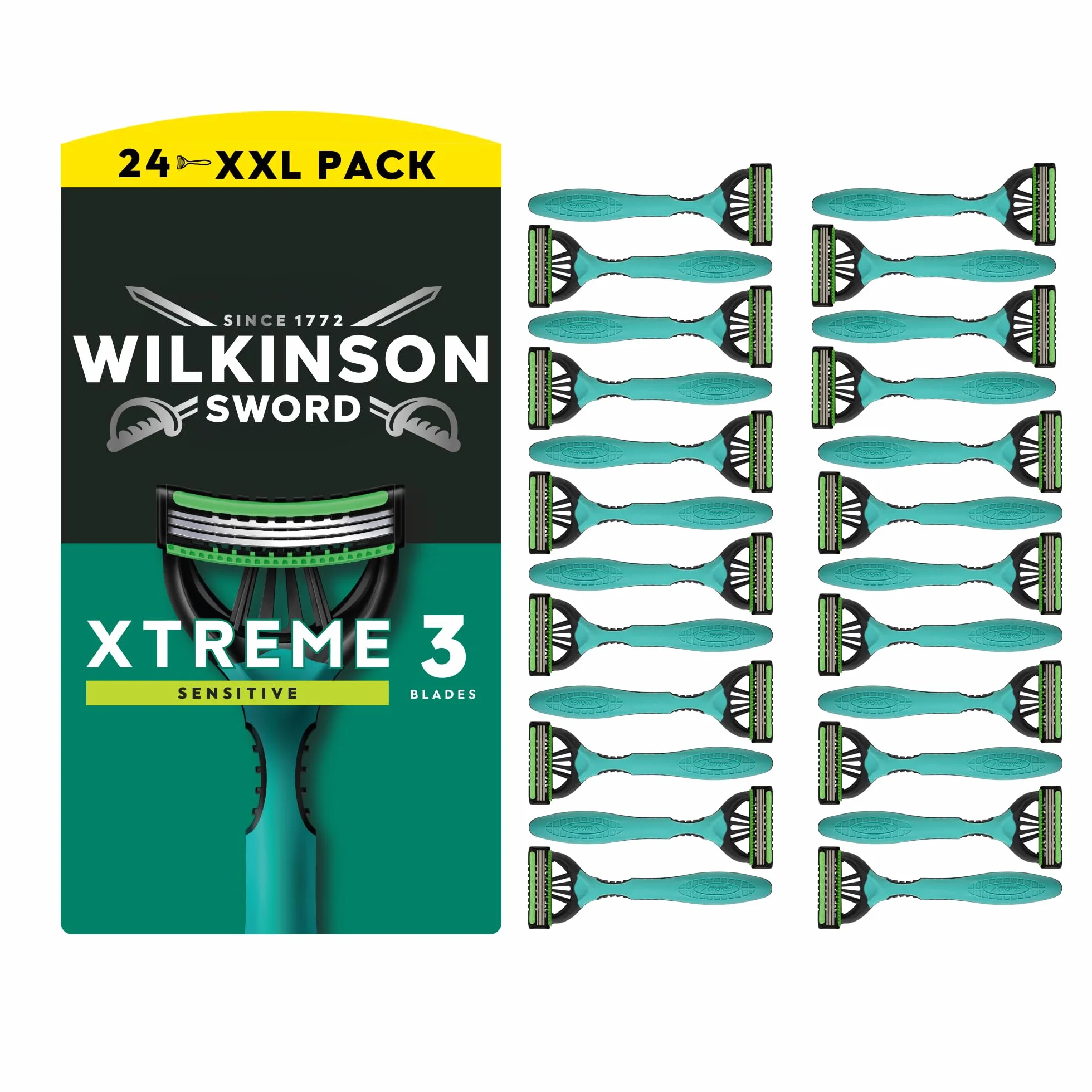 Wilkinson Sword Xtreme 3 Sensitive męska jednorazowa maszynka do golenia, idealna do męskich zestawów toaletowych, idealna do codziennego golenia, zestaw 24 szt