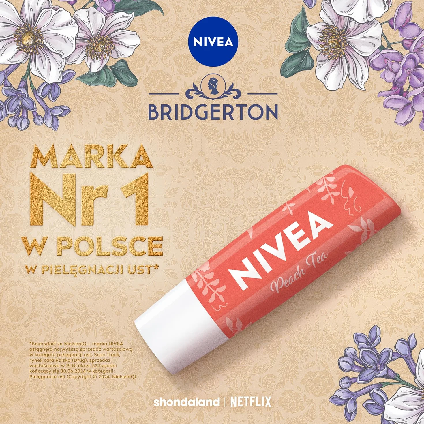 NIVEA Bridgerton Edition Pielęgnująca pomadka do ust Peach Tea Penelope & Colin 4,8g
