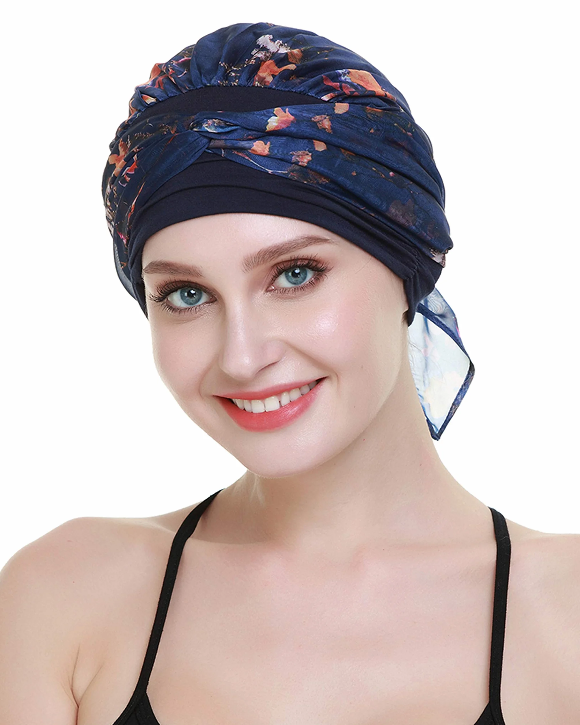 FocusCare chemo turban nakrycie głowy dla kobiet po chemioterapii chorych na raka, granatowy żółty, jeden rozmiar