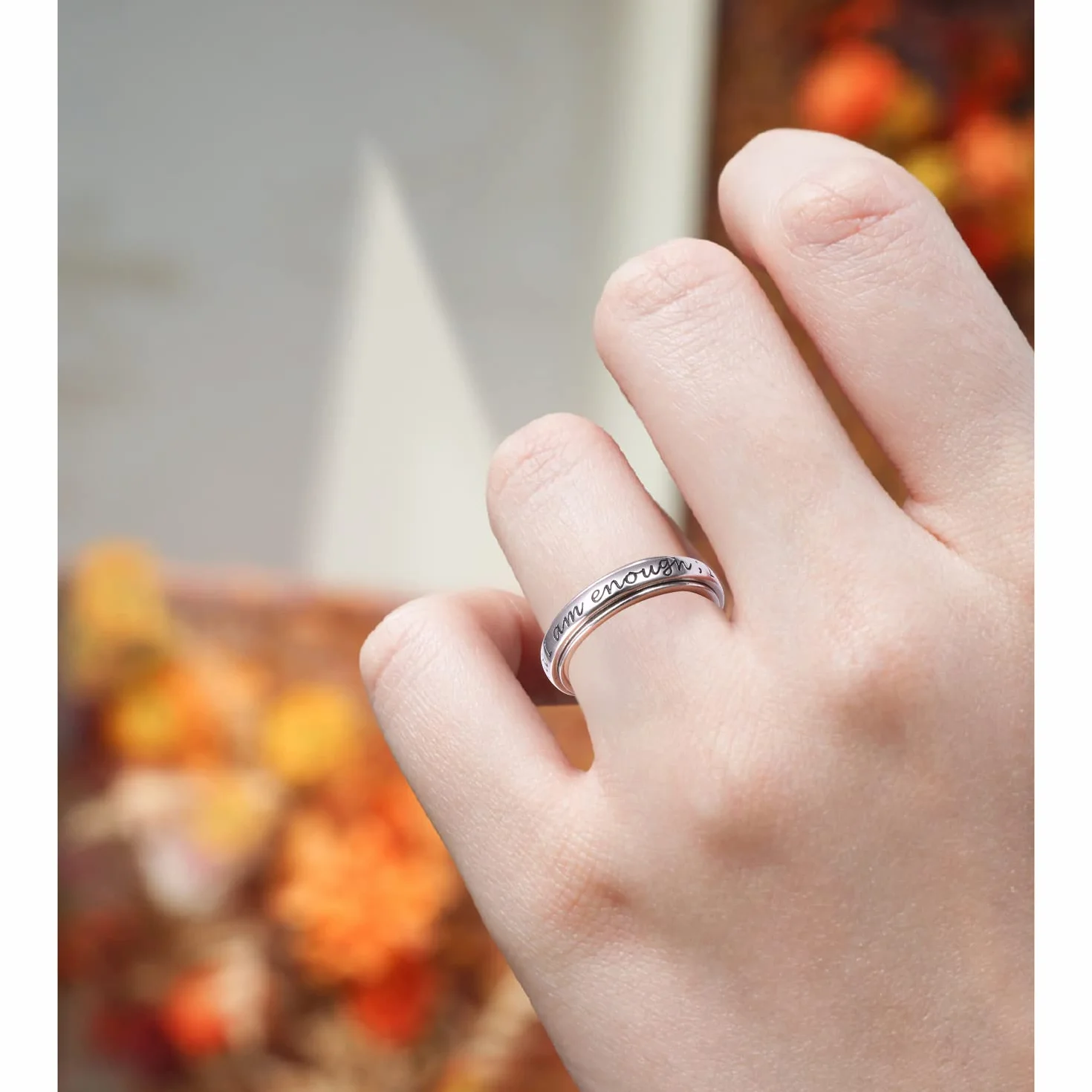 I am Enough Spinner Ring pierścionek ze srebra wysokiej próby 925, antystresowy, antystresowy, ADHD, autyzm