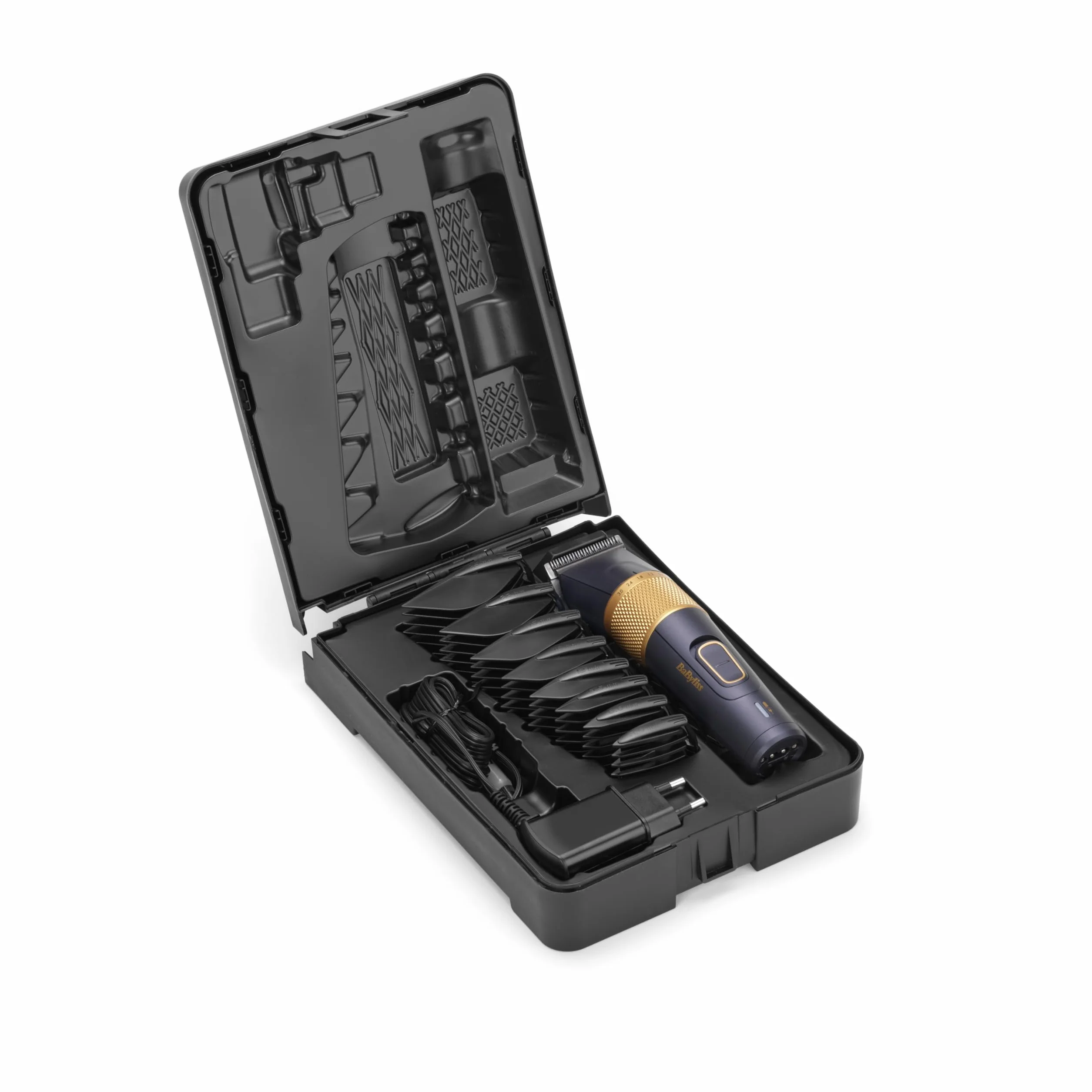 Maszynka do strzyżenia włosów BaByliss Lithium Performance — bezprzewodowa, profesjonalna wydajność, 45 ustawień długości (0,6–28 mm), bateria litowa, ciemnoniebieska/złota, E986E