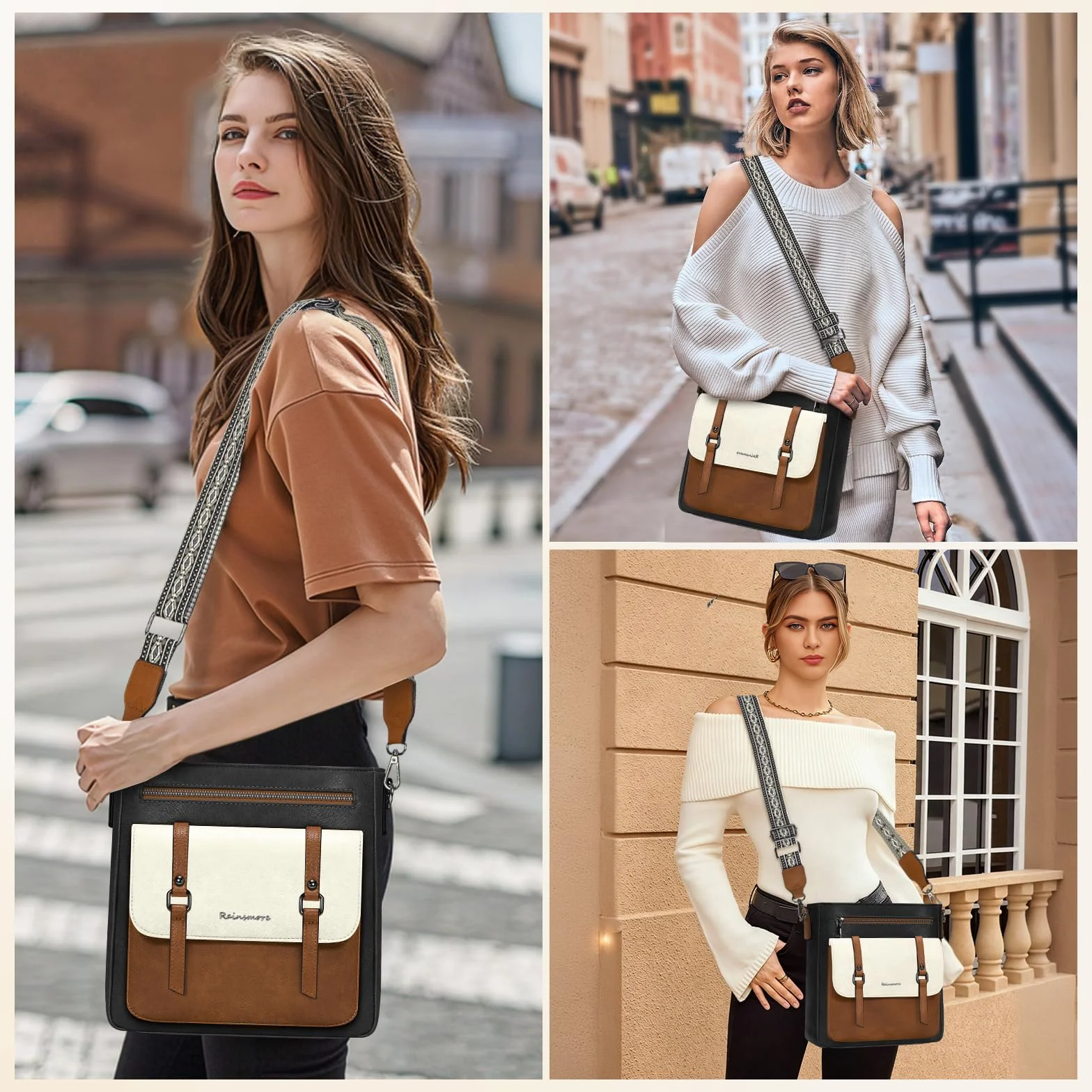 RAINSMORE Torba na ramię Kobiety Torby Na Ramię Torebki Kobiety Wielopunktówki Średnie skórzane torby na ramię Crossbody Torba na zakupy Szkoła Praca Podróże