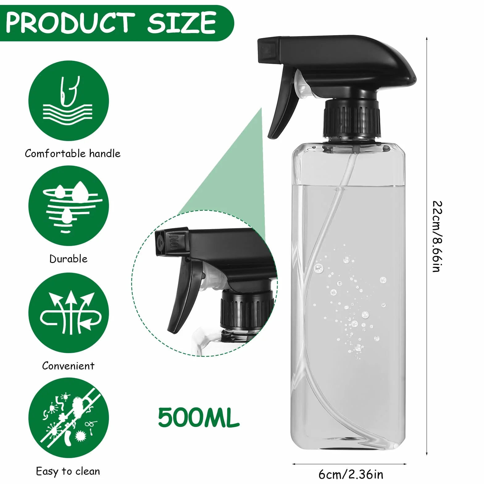 Butelki z rozpylaczem do czyszczenia, 500 ml, butelka z rozpylaczem do włosów, do roślin, do wielokrotnego napełniania, plastikowe butelki z rozpylaczem do włosów (kwadratowe, czarne, przezroczyste)