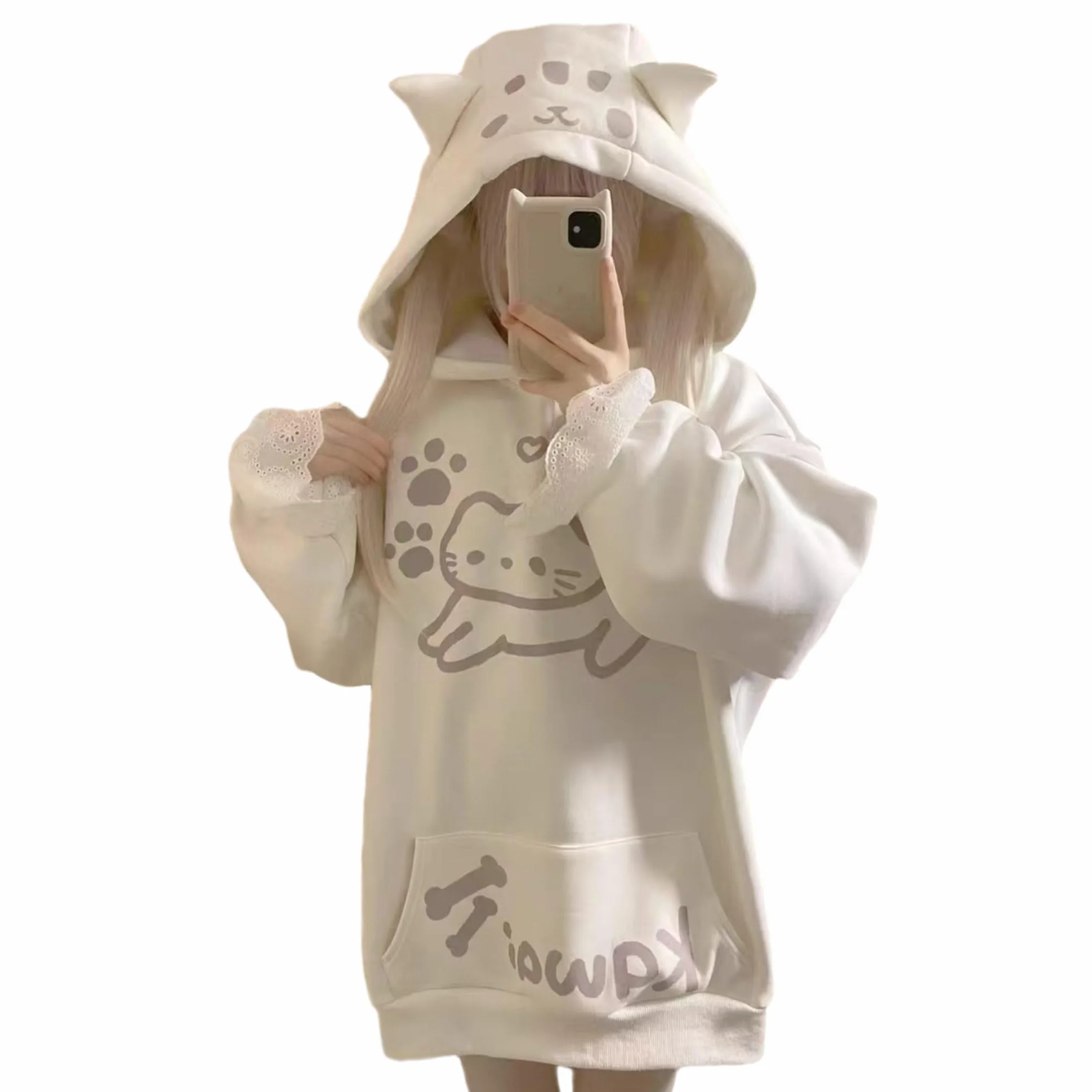 Kawaii bluza z kapturem z kocimi uszami nastolatki japońska urocza kreskówka anime grafika bluza z kapturem polar pulower topy