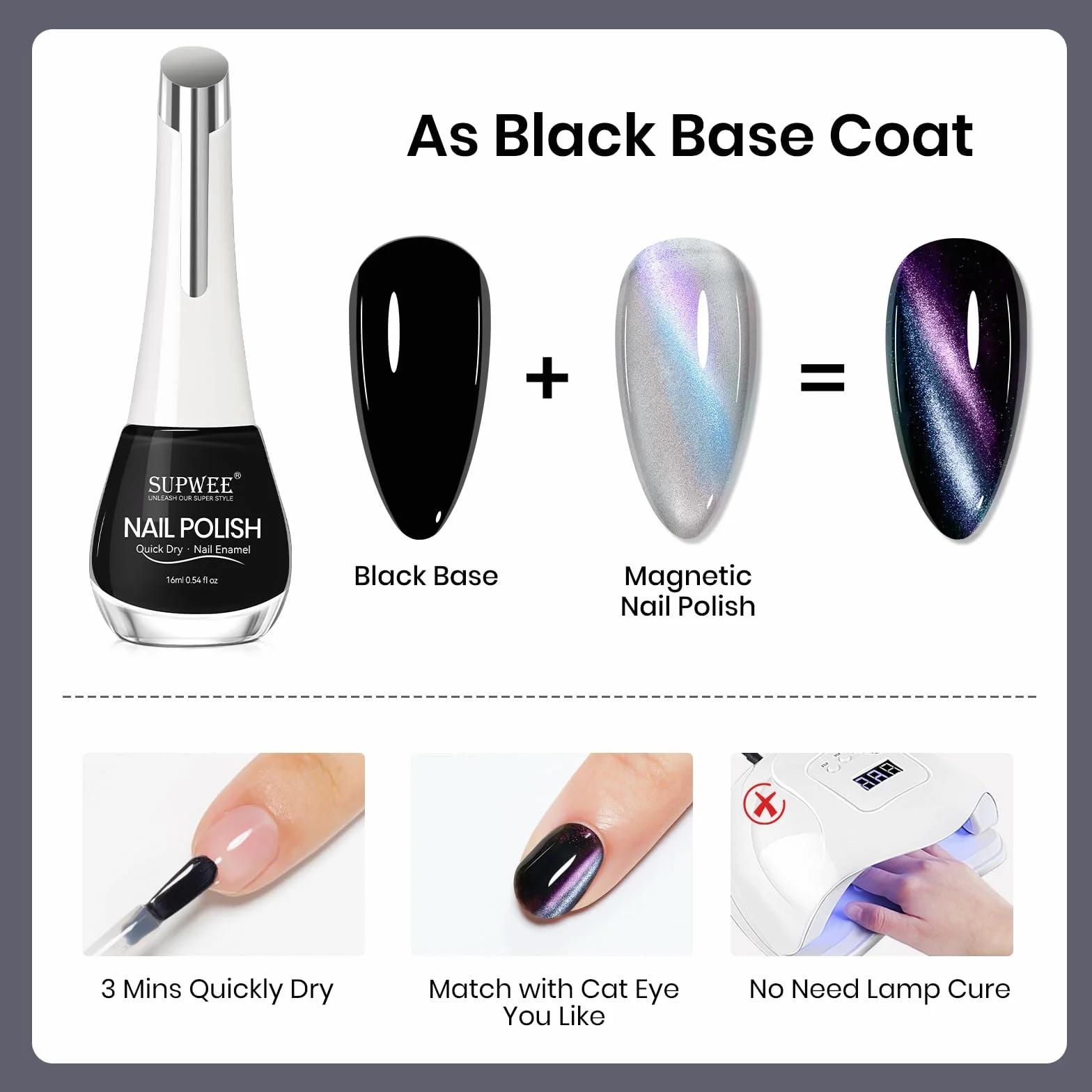 SUPWEE Lakier do paznokci, czarny, 16 ml, szybkoschnący, długo utrzymujący się czarny lakier bez lampy UV Oil Based Black Nail Polish do manicure w domu
