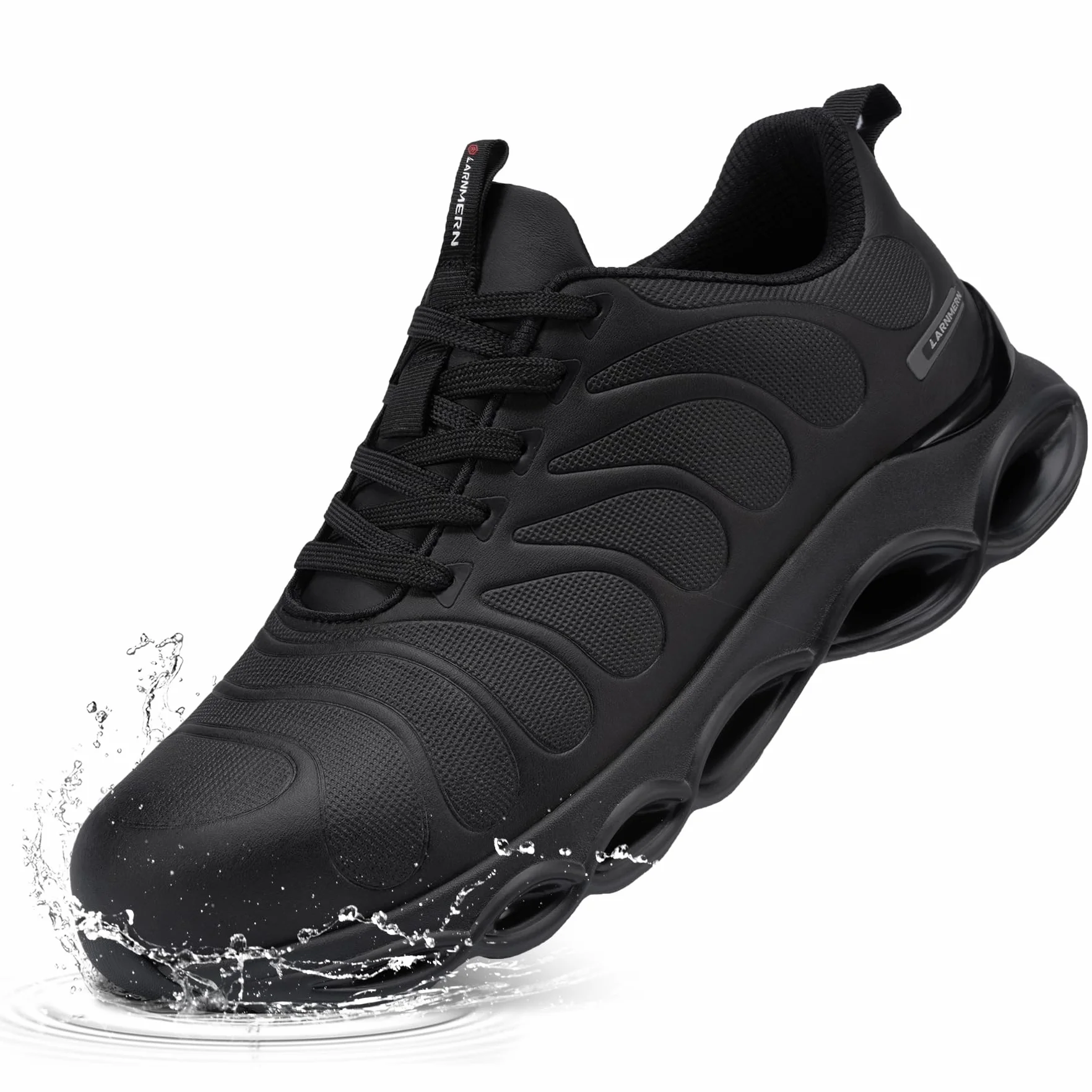 LARNMERN Męskie buty ochronne ze stalowym noskiem, wodoodporne, amortyzujące buty ochronne, odporne na uderzenia, lekkie, wygodne, modne buty robocze, Czarna matowa mikrofibra, 44.5 EU