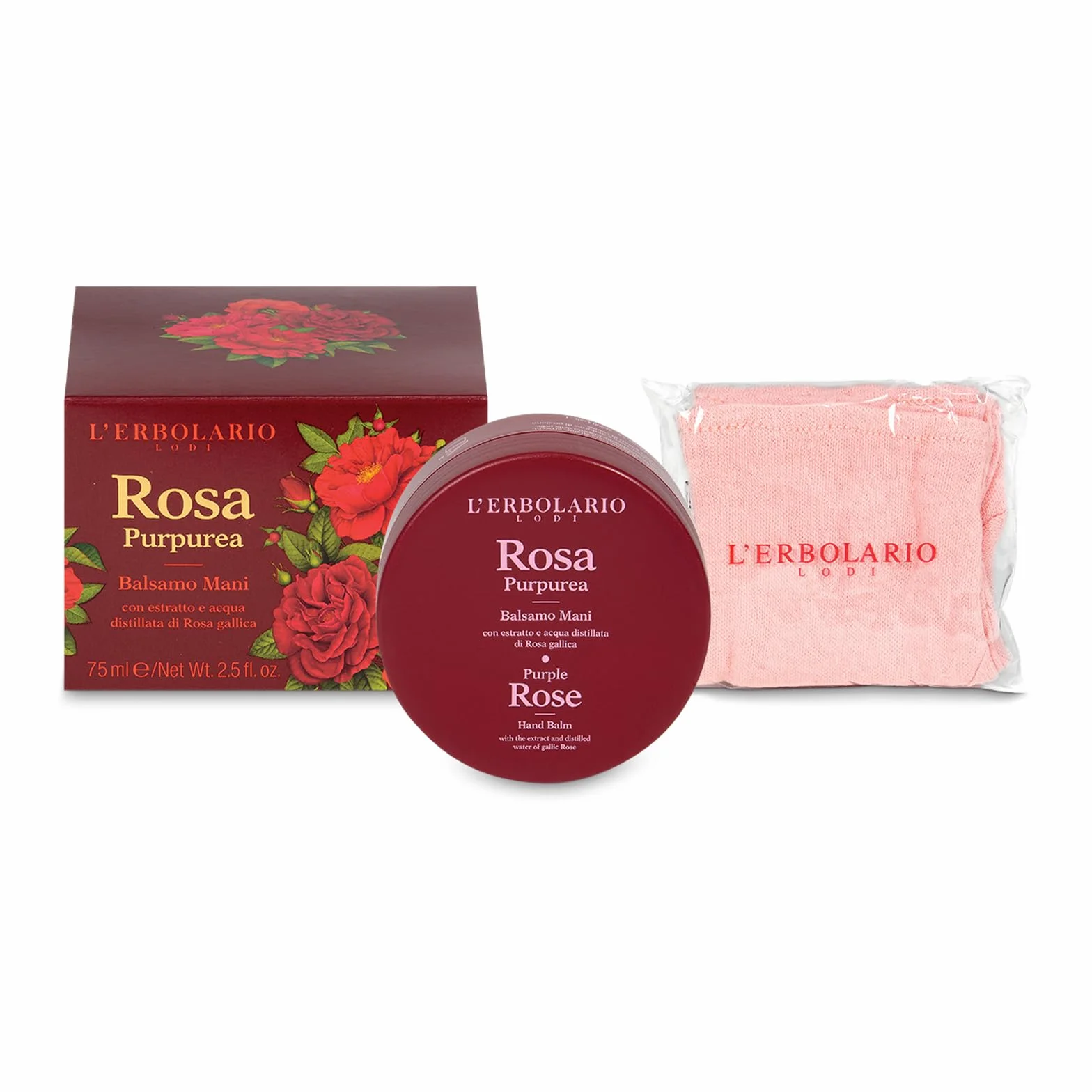 L'Erbolario Rosa Purpurea Balsam do rąk z bawełnianymi rękawicami 75 ml