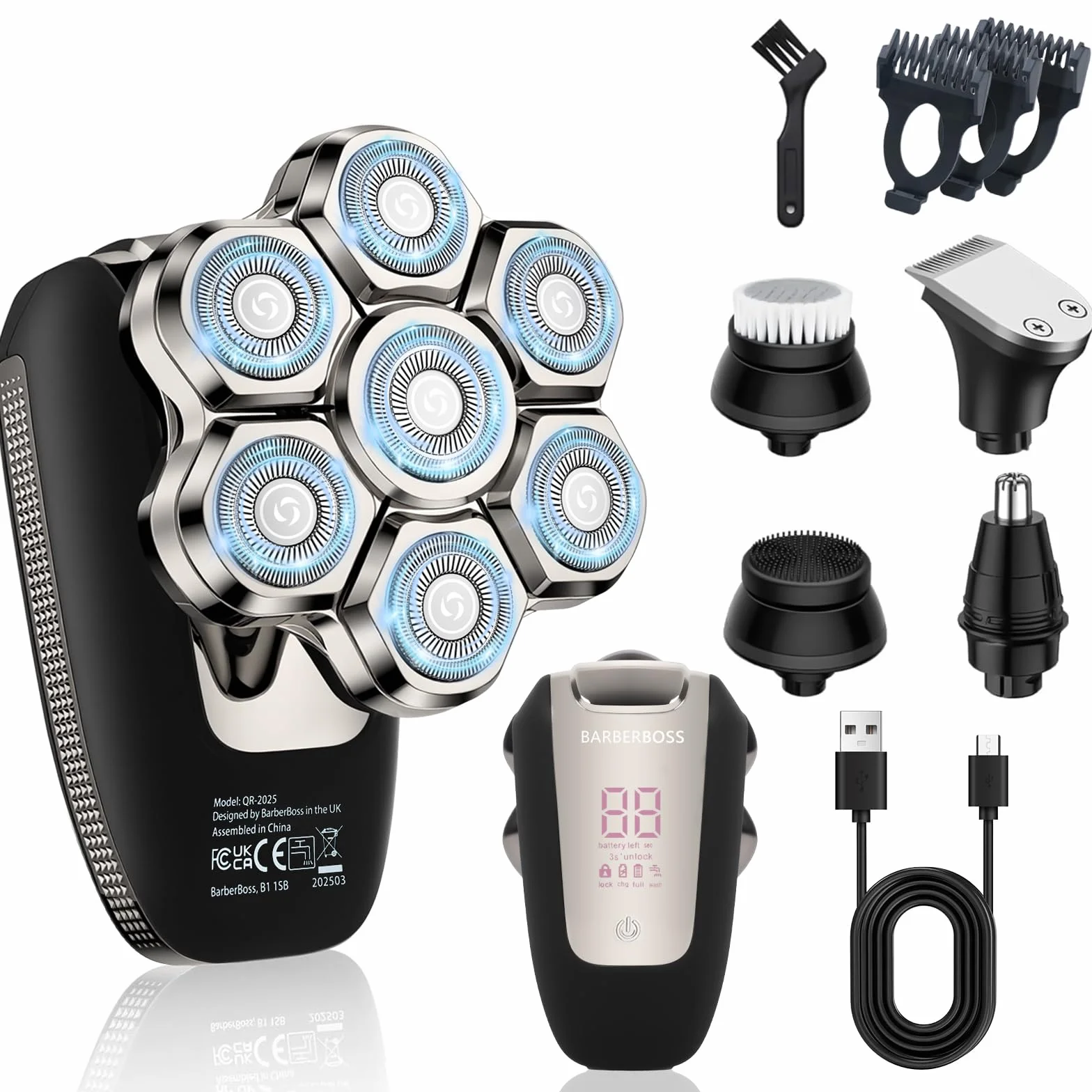 BarberBoss Golarka obrotowa 7D 5 w 1 z wyświetlaczem LED, ładowanie USB-C, trymer do brody i nosa, zestaw do pielęgnacji twarzy