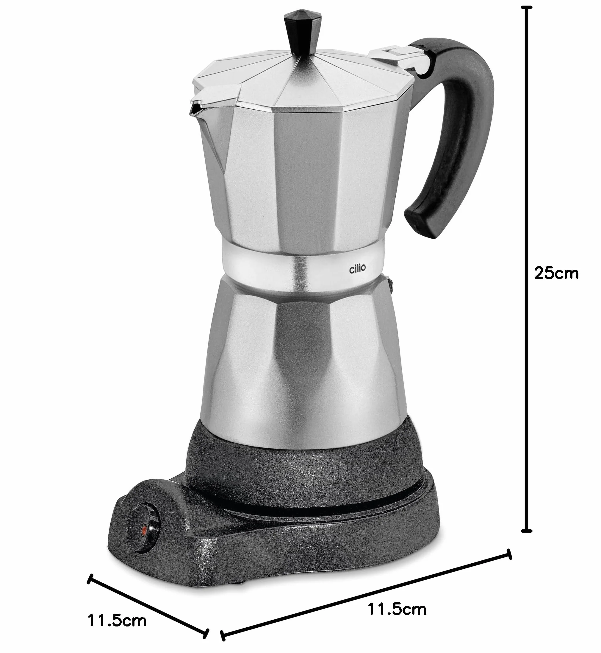 cilio Zaparzacz do espresso Classico na 6 filiżanek, elektryczny 480 W, Ø 11,5 cm, wysokość: 25 cm, aluminium, srebrny, zintegrowana płyta kuchenna, z funkcją utrzymania ciepła i sitkiem redukcyjnym, do podróży lub na kemping